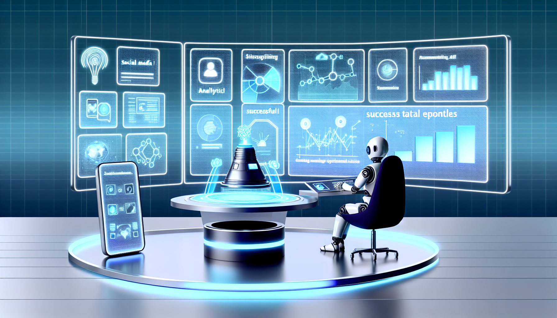 Gestalten Sie eine Illustration, die den Prozess der Erstellung von Inhalten fÃ¼r soziale Medien mithilfe von kÃ¼nstlicher Intelligenz darstellt. Stellen Sie sich eine futuristische Umgebung vor, in der ein KI-System auf einem groÃŸen Bildschirm verschiedene erfolgreiche Beispiele von Social-Media-Posts in einem Bereich zeigt. Ein anderer Bereich des Bildschirms zeigt analytische Daten, die die Leistung dieser Posts anzeigen. Visualisieren Sie auÃŸerdem einen KI-Roboter, der an einem eleganten, modernen futuristischen Schreibtisch sitzt und mit diesem System interagiert. Der Roboter hat ein antennenartiges GerÃ¤t auf dem Kopf, das die Ãœbertragung von Daten andeutet. Die gesamte AtmosphÃ¤re vermittelt ein hochmodernes, effizientes Arbeitsumfeld.