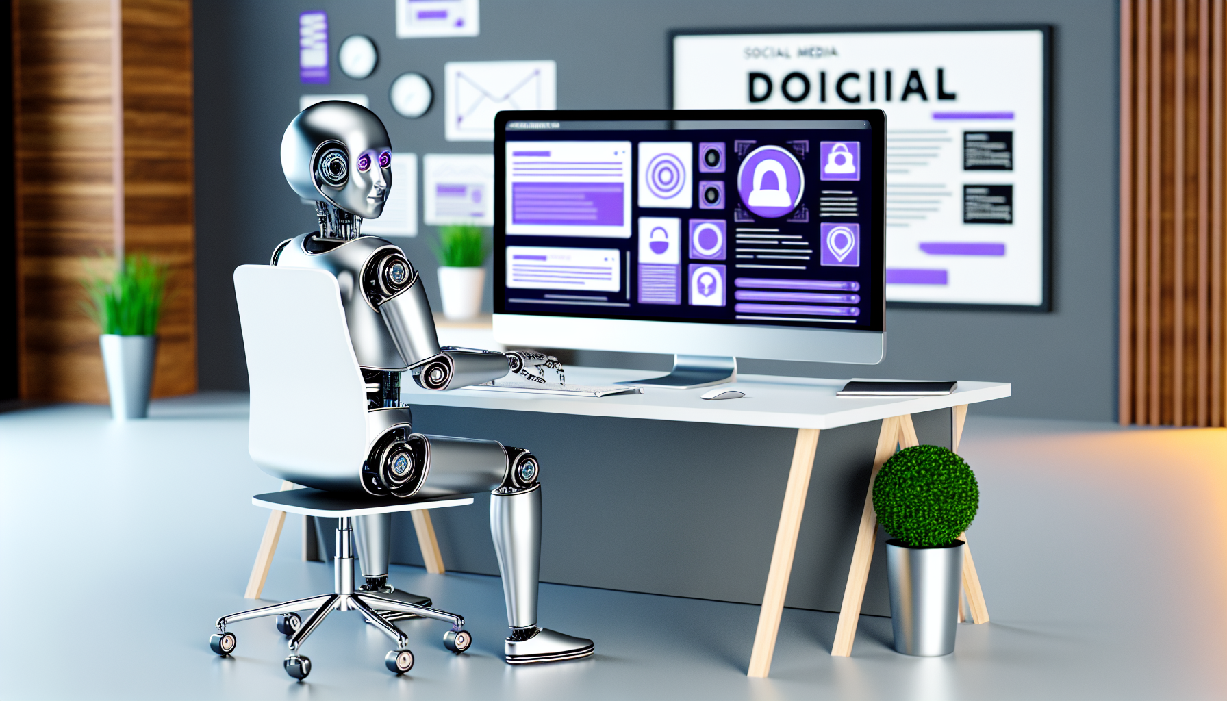 Erstellen Sie eine visuelle Darstellung von kÃ¼nstlicher Intelligenz, die Inhalte fÃ¼r soziale Medien entwirft. Stellen Sie es als humanoiden Roboter mit eleganten MetalloberflÃ¤chen dar, der vor einem Computer sitzt und auf der Tastatur tippt. Der Computerbildschirm sollte eine Vielzahl von Grafiken und Textelementen anzeigen, die verschiedene Inhalte fÃ¼r soziale Medien anzeigen. VervollstÃ¤ndigen Sie die Szene mit einem modernen BÃ¼roumfeld, das einen Schreibtisch, einen bequemen Stuhl und eine nahegelegene Topfpflanze fÃ¼r zusÃ¤tzliche Ã„sthetik umfasst.