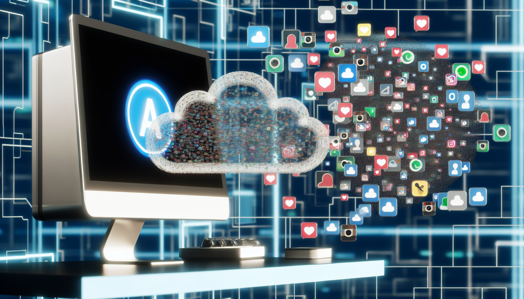 Erstellen Sie ein Bild, das das Konzept der Erstellung von Inhalten fÃ¼r soziale Medien mit kÃ¼nstlicher Intelligenz veranschaulicht. Die Szene zeigt ein hochmodernes Computersystem mit auf dem Bildschirm angezeigten KI-Algorithmen, das sich in einer technologischen Umgebung befindet. Kleine digitale Symbole, die verschiedene soziale Medienplattformen reprÃ¤sentieren, wie eine Sprechblase, eine Kamera und ein Herzsymbol, werden von der Maschine erzeugt und gelangen in eine abstrakte digitale Wolke. Diese Wolke verteilt die Symbole dann auf verschiedene ikonische Handheld-GerÃ¤te, die eine Vielzahl von unterschiedlichen demografischen Gruppen erfassen.