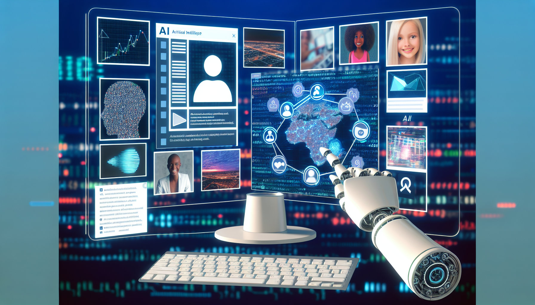 Erstellen Sie ein Bild, das zeigt, wie kÃ¼nstliche Intelligenzsysteme zur Erstellung von Inhalten fÃ¼r soziale Medien genutzt werden. Es kÃ¶nnte eine digitale Schnittstelle mit zahlreichen Diagrammen und Grafiken, Algorithmen, die Daten verarbeiten, und Beispielen von BeitrÃ¤gen, die von der KI erstellt wurden, beinhalten. Die KI kÃ¶nnte als eine bescheidene weiÃŸe Roboterhand dargestellt werden, die ein futuristisches Computersystem bedient. Der Computerbildschirm kÃ¶nnte eine Mischung aus verschiedenen sozialen MedienbeitrÃ¤gen zeigen, die von der KI entworfen wurden. Stellen Sie sicher, dass in diesen sozialen MedienbeitrÃ¤gen vielfÃ¤ltige virtuelle Menschen vorhanden sind, um die FÃ¤higkeit der KI zu betonen, Inhalte fÃ¼r verschiedene Zielgruppen zu generieren.