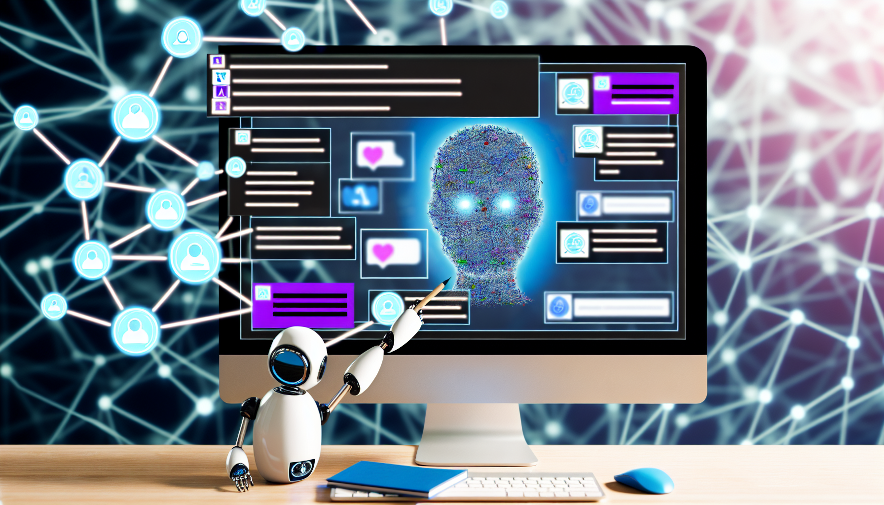 Eine kÃ¼nstliche Intelligenz, die als Content Creator fÃ¼r soziale Medien fungiert. Stellen Sie die Szene als Computerbildschirm dar, auf dem verschiedene Aufgaben der KI ausgefÃ¼hrt werden. Dazu gehÃ¶ren das Verfassen von Bildunterschriften, das AuswÃ¤hlen von Hashtags, das Zuschneiden von Fotos und das Planen von BeitrÃ¤gen zu optimalen Zeiten. Im Hintergrund ist ein komplexes neuronales Netzwerk eingebettet, das die Intelligenz der KI reprÃ¤sentiert.