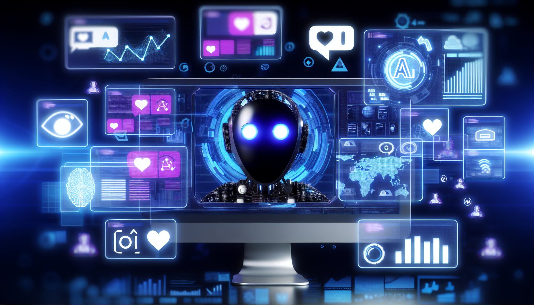 Erstellen Sie ein Bild, das ein futuristisches Konzept von kÃ¼nstlicher Intelligenz zeigt, die Inhalte fÃ¼r verschiedene soziale Medien verwaltet und erstellt. Die KI sollte als schlankes, modernes Computersystem dargestellt werden, das Ã¼ber mehrere Bildschirme verfÃ¼gt, von denen jeder verschiedene soziale MedienoberflÃ¤chen anzeigt. Die KI-OberflÃ¤che sollte mit Werkzeugen zur Inhaltserstellung, Analysegraphen und Indikatoren Ã¼berlagert sein, die die Interaktion der KI mit den Inhalten zeigen. Integrieren Sie auch Symbole fÃ¼r Likes, Shares und Kommentare, um die Interaktionen in sozialen Medien zu symbolisieren.