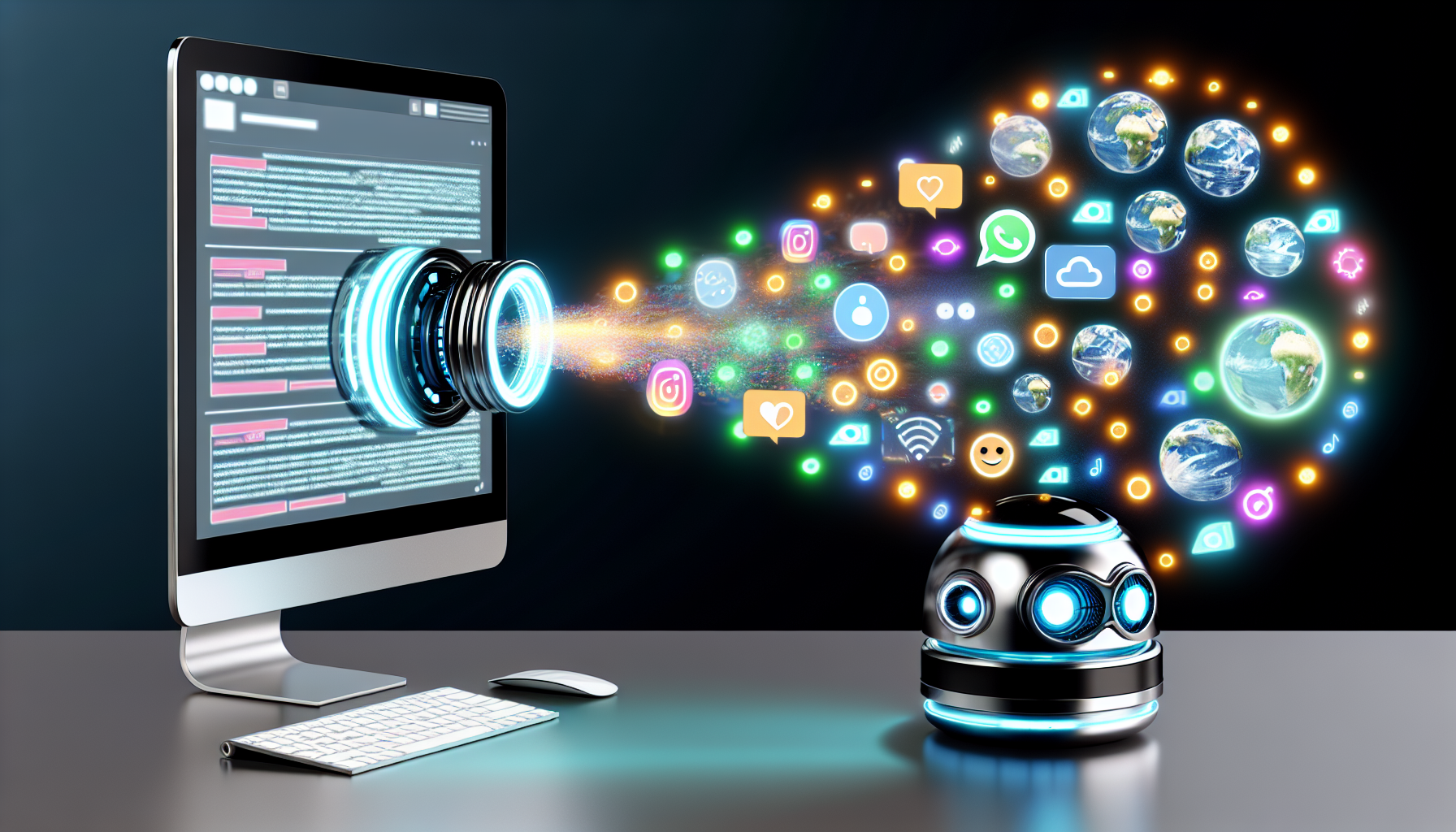 Erstellen Sie ein Bild, das ein Künstliche Intelligenz-System zeigt, das Inhalte für eine Social-Media-Plattform generiert. Die KI sollte als futuristische Maschine mit schlankem Design und leuchtenden Lichtern dargestellt werden. Die Social-Media-Inhalte können als ein Strom von Bildern, Infografiken, Emojis und Textblasen visualisiert werden, die von der Maschine auf einen Computerbildschirm schweben und das Konzept der nahtlosen Erstellung und Verwaltung von Social-Media-Inhalten mithilfe von KI vermitteln.