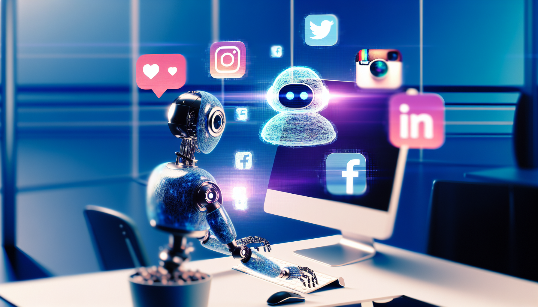 Erstellen Sie ein Bild, das den Prozess der Erstellung von Inhalten fÃ¼r soziale Medien mithilfe von kÃ¼nstlicher Intelligenz darstellt. Es sollte einen KI-Bot an einem Computer zeigen, der eifrig tippt. Um diesen Bot herum schweben holografische Bilder verschiedener sozialer Medien: Instagram mit seinem Kameralogo, Twitter mit seinem kleinen Vogel, Facebook mit seinem 'f'-Symbol und LinkedIn mit seinem 'in'. Durch diese holografischen Displays sieht man, wie die KI BeitrÃ¤ge erstellt, Bilder liked und chattet. Der Hintergrund ist ein futuristischer Arbeitsplatz mit schlanker und minimalistischer Dekoration.
