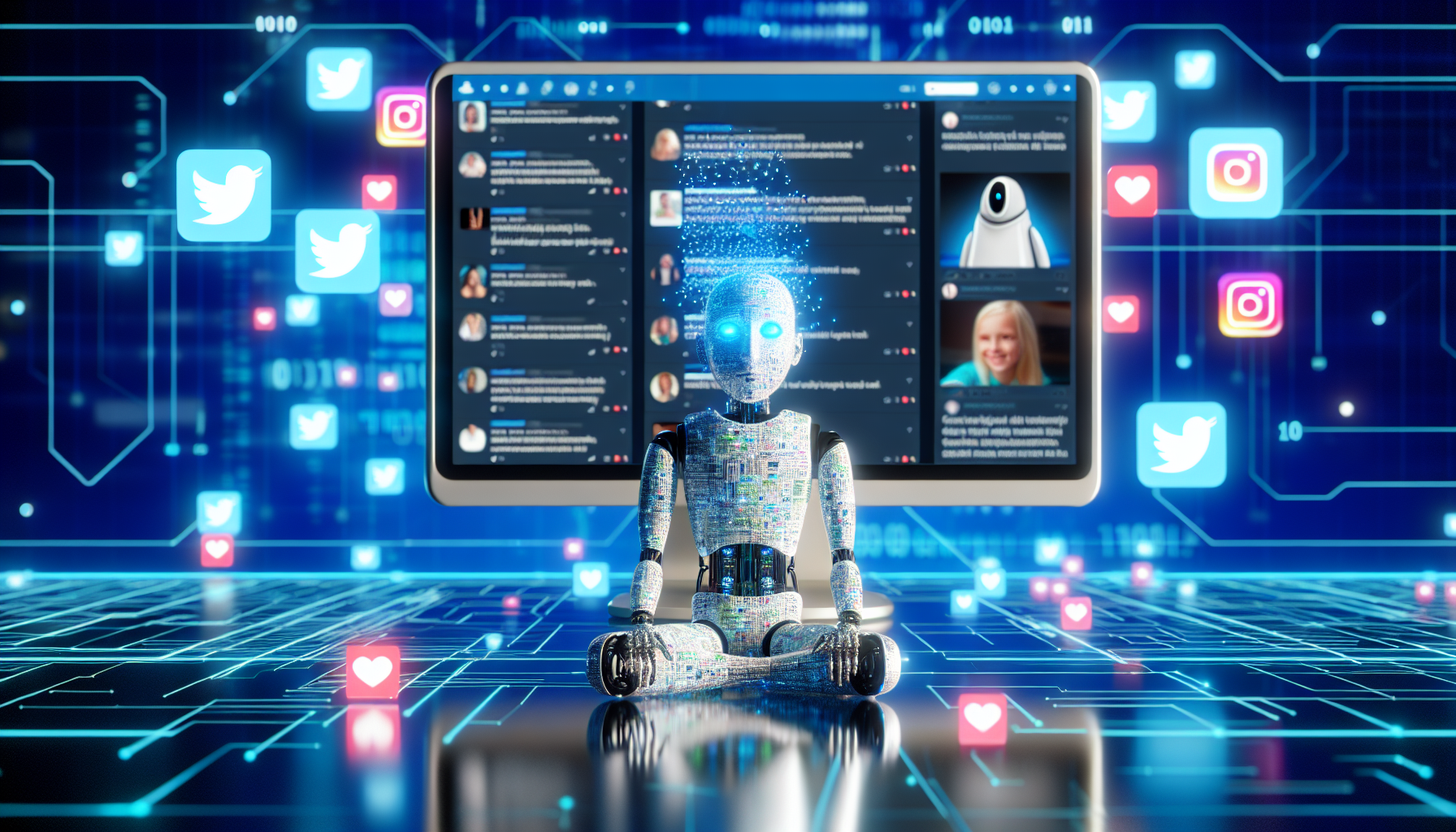 Erstellen Sie ein Bild, das das Konzept der Nutzung von KÃ¼nstlicher Intelligenz zur Generierung von Inhalten fÃ¼r soziale Medien darstellt. Zeigen Sie eine menschenÃ¤hnliche KI, die durch Chips und BinÃ¤rcodes charakterisiert ist, und die vor einem hochmodernen Computer sitzt. Der Computerbildschirm zeigt verschiedene Formen von Social-Media-BeitrÃ¤gen wie Tweets, BlogbeitrÃ¤ge und Instagram-Ã¤hnliche Bilder. Um die KI herum sollte ein Fluss von Informationen in Form von Datenpartikeln sichtbar sein, der anzeigt, dass sie Inhalte verarbeitet und produziert. Die Umgebung sollte futuristisch sein, gefÃ¼llt mit Hologrammen und neonblauen Lichtern.