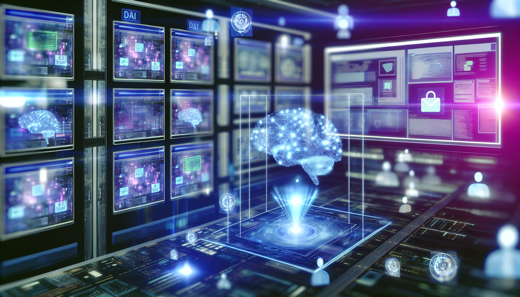 Visualisieren Sie ein Konzept, in dem kÃ¼nstliche Intelligenz Inhalte fÃ¼r soziale Medien erstellt. Es zeigt einen futuristischen Raum mit leuchtenden Bildschirmen, die verschiedene Formen von Inhalten wie Text, Bilder und Videos prÃ¤sentieren. Die KI, dargestellt als holographisches Gehirn, interagiert aktiv mit den Bildschirmen, kuratiert und generiert Inhalte autonom. Der Raum ist mit hochmoderner AusrÃ¼stung gefÃ¼llt, zahlreichen Datenleitungen und binÃ¤ren Codes, die in der Luft schweben und die laufende Datenverarbeitung symbolisieren. Die AtmosphÃ¤re ist mit einem sanften Licht erleuchtet, was einen ruhigen und durchdachten Ansatz zur Inhaltserstellung vermittelt.