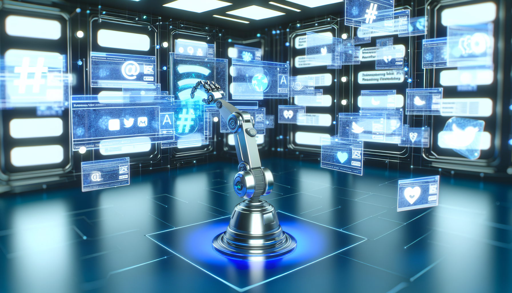 Konzeptkunst von kÃ¼nstlicher Intelligenz, die Inhalte fÃ¼r soziale Medien erstellt: Rendern Sie eine 3D-Szene eines hochmodernen, futuristischen Arbeitsplatzes, der mit schwebenden holografischen Bildschirmen gefÃ¼llt ist. Die Bildschirme zeigen eine Vielzahl von Social-Media-BeitrÃ¤gen und -Schnittstellen, Hashtags, Trending Topics und Emojis. Inmitten all dieser Technologie manipuliert ein Roboterarm mit einem eleganten und fortschrittlichen Design die Holo-Schnittstellen, was darauf hindeutet, dass die KI die Inhalte erstellt und verwaltet. Die Umgebung vermittelt ein hohes MaÃŸ an Organisation mit einer coolen, blauen LichtÃ¤sthetik.
