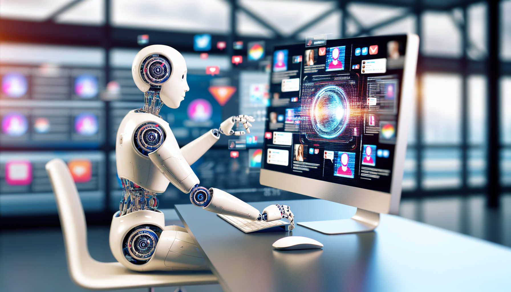 Erzeuge ein Bild eines KI-Algorithmus, der Inhalte fÃ¼r soziale Medien erstellt. Die KI sollte als humanoider Roboter dargestellt werden, der vor einem modernen Computer in einer technologie-reichen Umgebung sitzt. Der Bildschirm des Computers zeigt verschiedene Social-Media-BeitrÃ¤ge in unterschiedlichen Formaten: Bilder, Texte und Grafiken. Der Roboter sollte sich intensiv auf seine Aufgabe konzentrieren, mit schnellen Gesten seiner HÃ¤nde Ã¼ber eine Tastatur und Maus. Vergiss nicht, Symbole oder Bilder einzufÃ¼gen, die auf modernste Technologie und Innovation hinweisen.