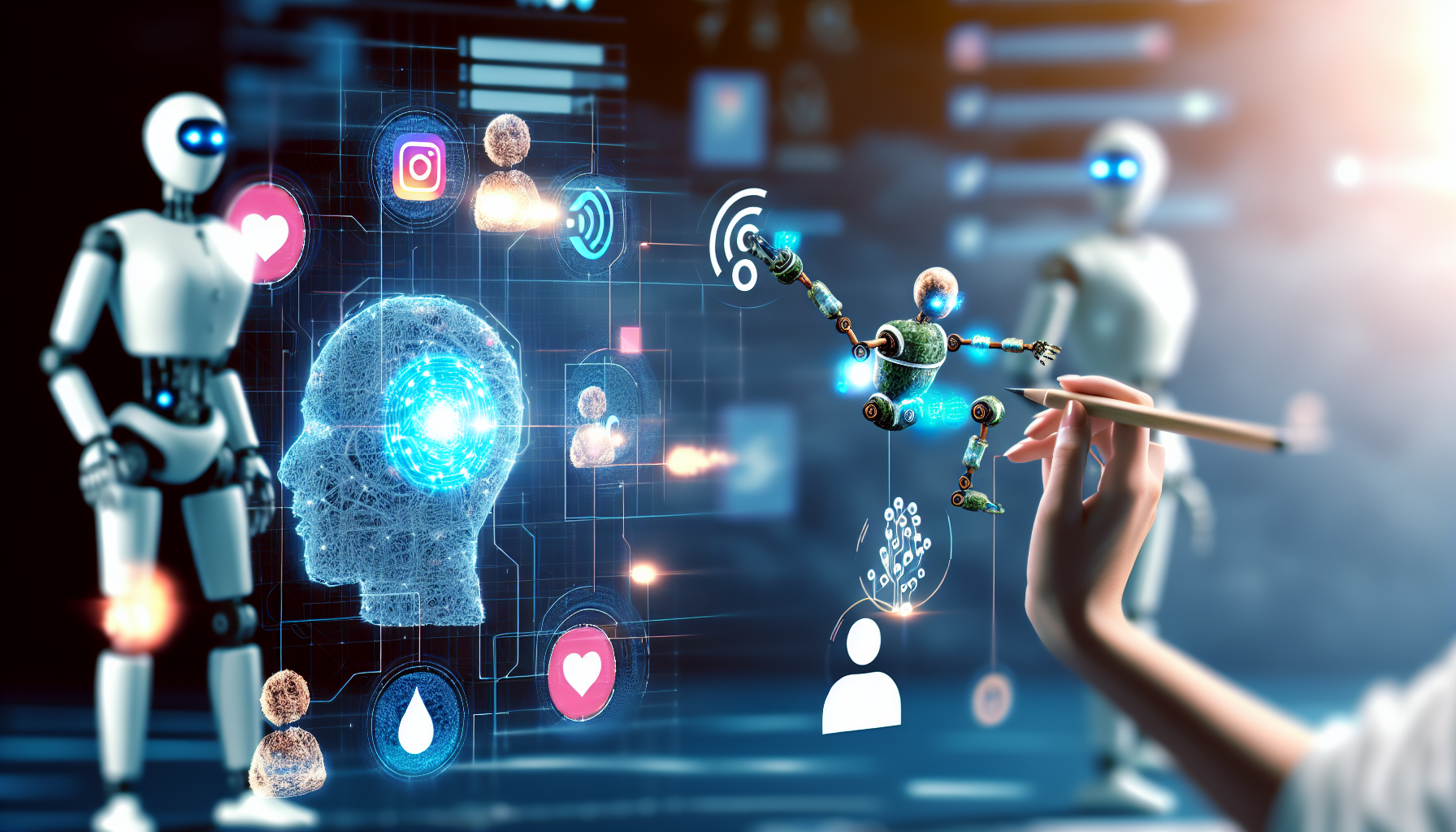 Erstellen Sie ein Bild, das das Konzept der künstlichen Intelligenz darstellt, die Inhalte für soziale Medien generiert. Zeigen Sie eine futuristische Szene, in der digitale Entitäten oder Bots mit der Inhaltserstellung beschäftigt sind. Sie könnten an verschiedenen Aufgaben arbeiten, wie dem Schreiben von Blogbeiträgen, dem Entwerfen von Infografiken und dem Verfassen von Updates für soziale Medien. Das Bild sollte auch Symbole enthalten, die repräsentativ für beliebte soziale Medienplattformen sind, um anzuzeigen, dass die Inhalte für diese Plattformen erstellt werden.