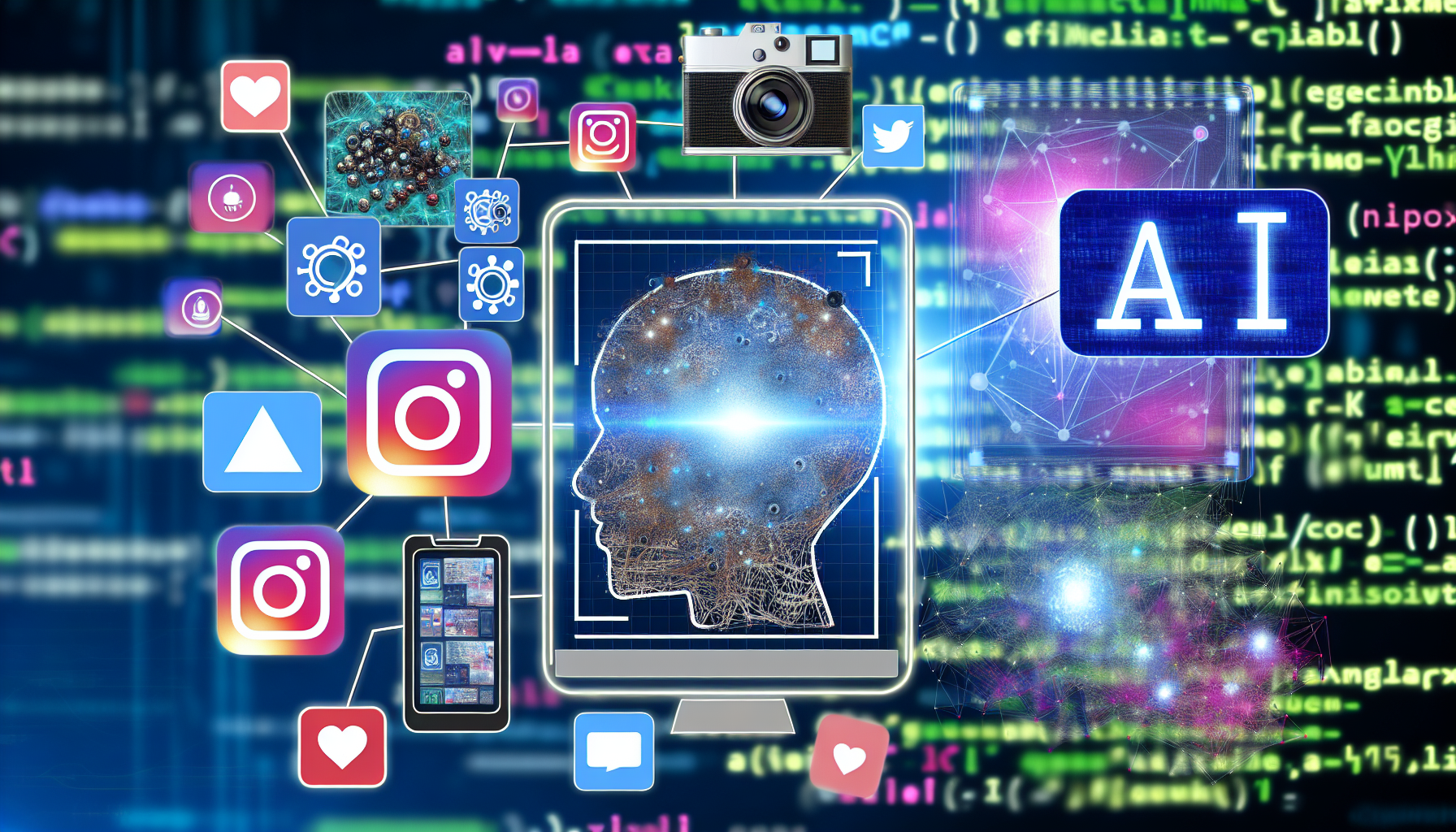 Erstellen Sie ein Bild, das das Konzept der Erstellung von Inhalten fÃ¼r soziale Medien mithilfe von kÃ¼nstlicher Intelligenz darstellt. FÃ¼gen Sie Elemente wie Grafiken von neuronalen Netzwerken, Symbole beliebter sozialer Medienplattformen, Code-Schnipsel, die KI-Algorithmen symbolisieren, und zugrunde liegende GerÃ¤te wie Smartphones oder Computer hinzu, die von KI erstellte Inhalte anzeigen.