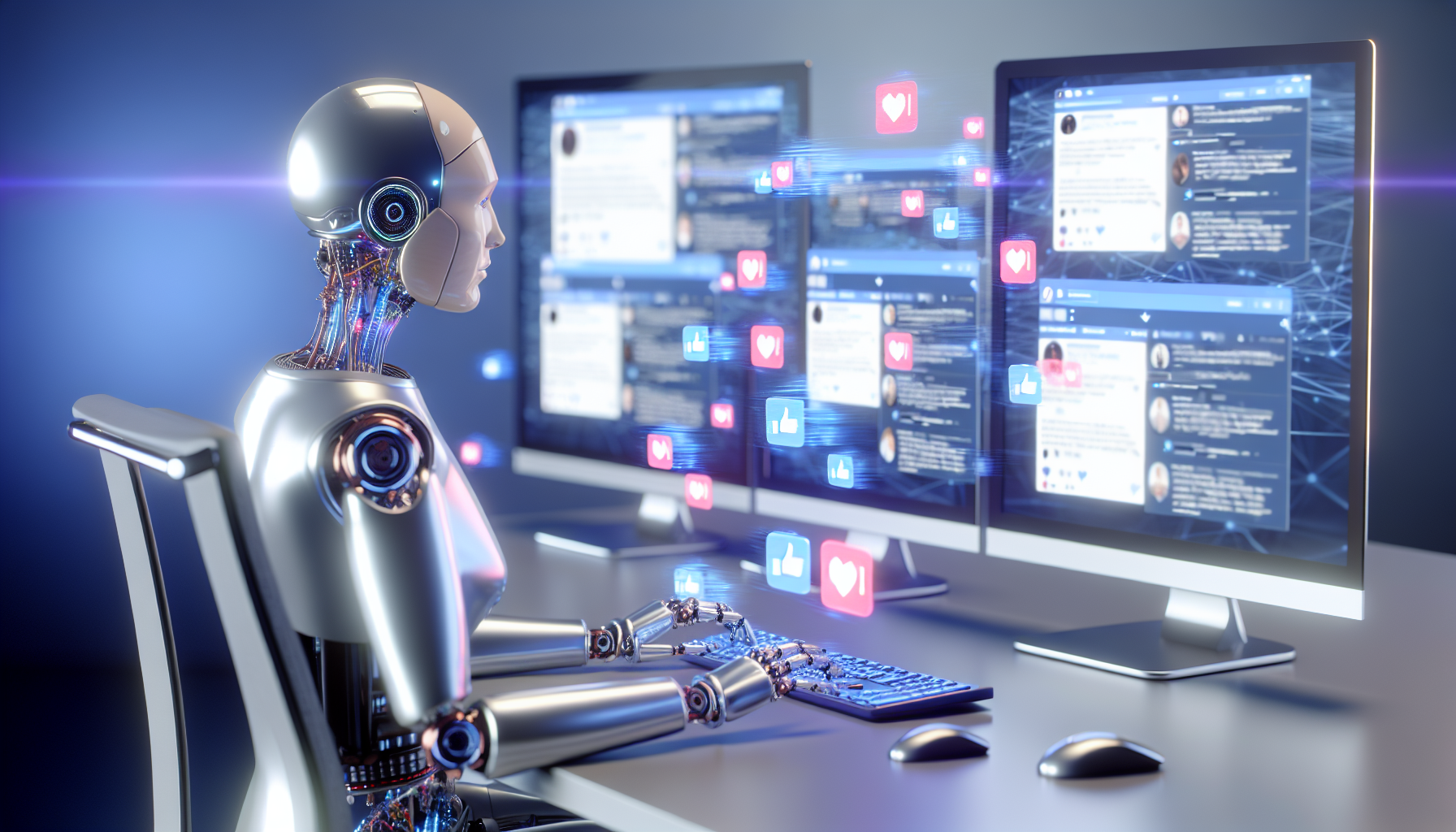 Erstellen Sie ein Bild, das die Nutzung von kÃ¼nstlicher Intelligenz bei der Erstellung von Inhalten fÃ¼r soziale Medien darstellt. Die Szene kÃ¶nnte einen humanoiden KI-Roboter zeigen, dessen DrÃ¤hte und ZahnrÃ¤der sichtbar sind, der an einem modernen Schreibtisch mit mehreren Computerbildschirmen sitzt, auf denen verschiedene soziale Medienplattformen angezeigt werden. Der Roboter hat eine metallische, kaukasische Haut und ist dabei, einen Beitrag auf einem der Bildschirme zu tippen, mÃ¶glicherweise mit einer futuristischen holografischen Tastatur. Um ihn herum schweben holografische Symbole, die Likes, Shares und Kommentare darstellen. Alles ist in einem hochmodernen Studio mit sanfter, neonfarbener Beleuchtung eingerichtet.