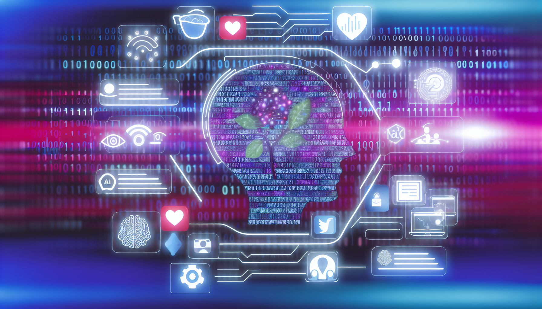 Erstellen Sie eine Darstellung eines kÃ¼nstlichen Intelligenzsystems, das Inhalte fÃ¼r soziale Medien generiert. Das Bild sollte eine futuristische KI-OberflÃ¤che zeigen, mit Grafiken, die ihre verschiedenen Funktionen wie Inhaltskurierung, Inhaltserstellung und Analytik darstellen, sowie sozialen Medien-Icons, um die Plattform zu kennzeichnen. FÃ¼gen Sie stilisierte Elemente des BinÃ¤rcodes hinzu, um die KI-Natur zu definieren, und zeigen Sie die von der KI erstellten Inhalte â€“ vielleicht einen lebhaften Blogbeitrag, einen ansprechenden Tweet oder einen attraktiven Instagram-Post. Legen Sie den Schwerpunkt auf die Verschmelzung von Technologie und KreativitÃ¤t.
