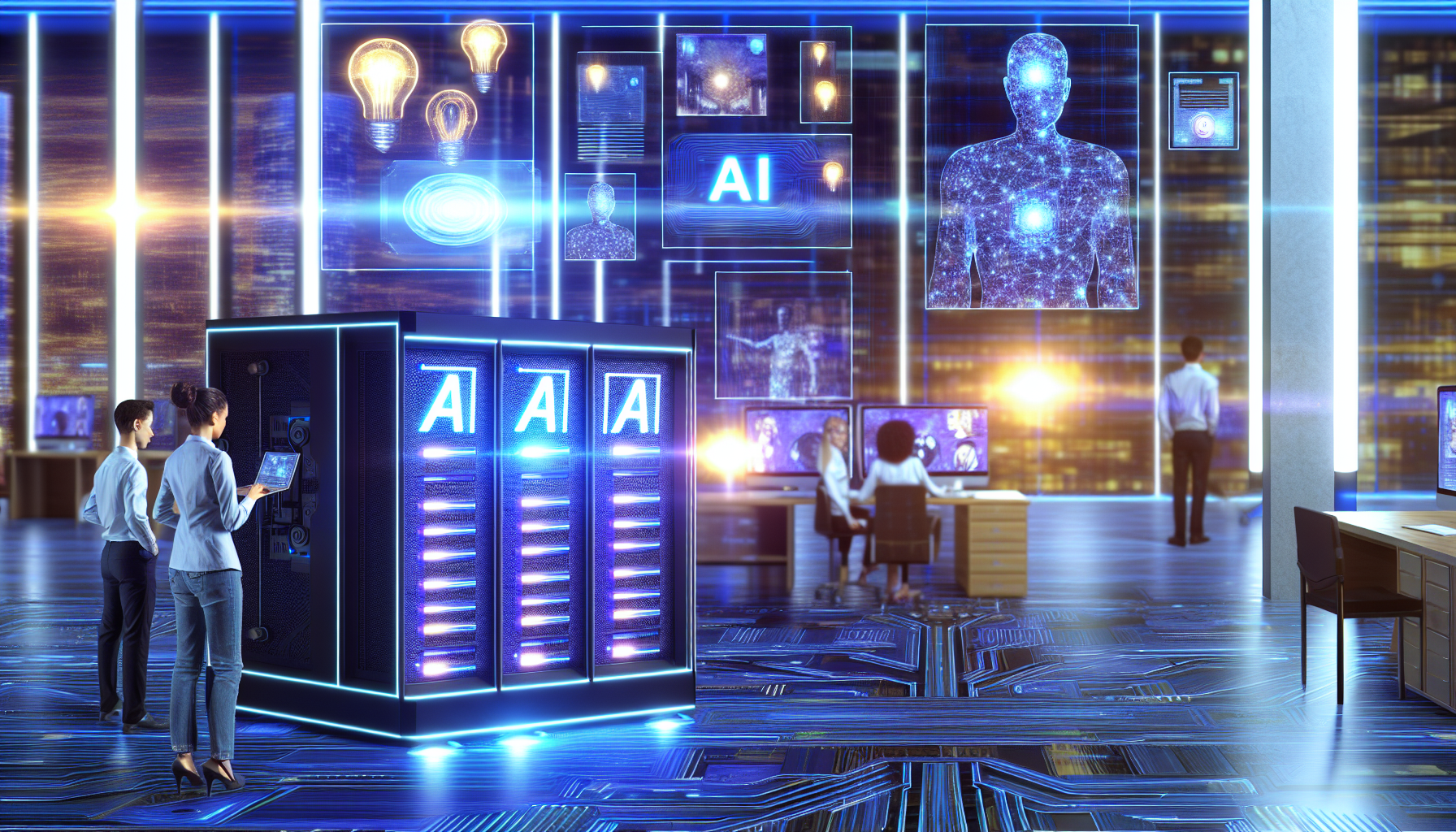 Erstellen Sie ein Bild, das den Prozess der Erstellung von Inhalten fÃ¼r soziale Medien mithilfe von kÃ¼nstlicher Intelligenz zeigt. Stellen Sie einen KI-Server mit Schaltkreisen, leuchtenden Lichtern und futuristischen Laser-Gittern dar. Zeigen Sie verschiedene Formen von Inhalten fÃ¼r soziale Medien, wie Artikel, Fotos und Videos, die von dieser innovativen Maschine produziert werden. Stellen Sie ein multikulturelles Team von mÃ¤nnlichen und weiblichen Technikern dar, die im Hintergrund auf groÃŸen Bildschirmen die Leistung der KI Ã¼berwachen. FÃ¼gen Sie auch eine Umgebung hinzu, die einen modernen, gut beleuchteten, technologiegetriebenen BÃ¼roraum widerspiegelt.