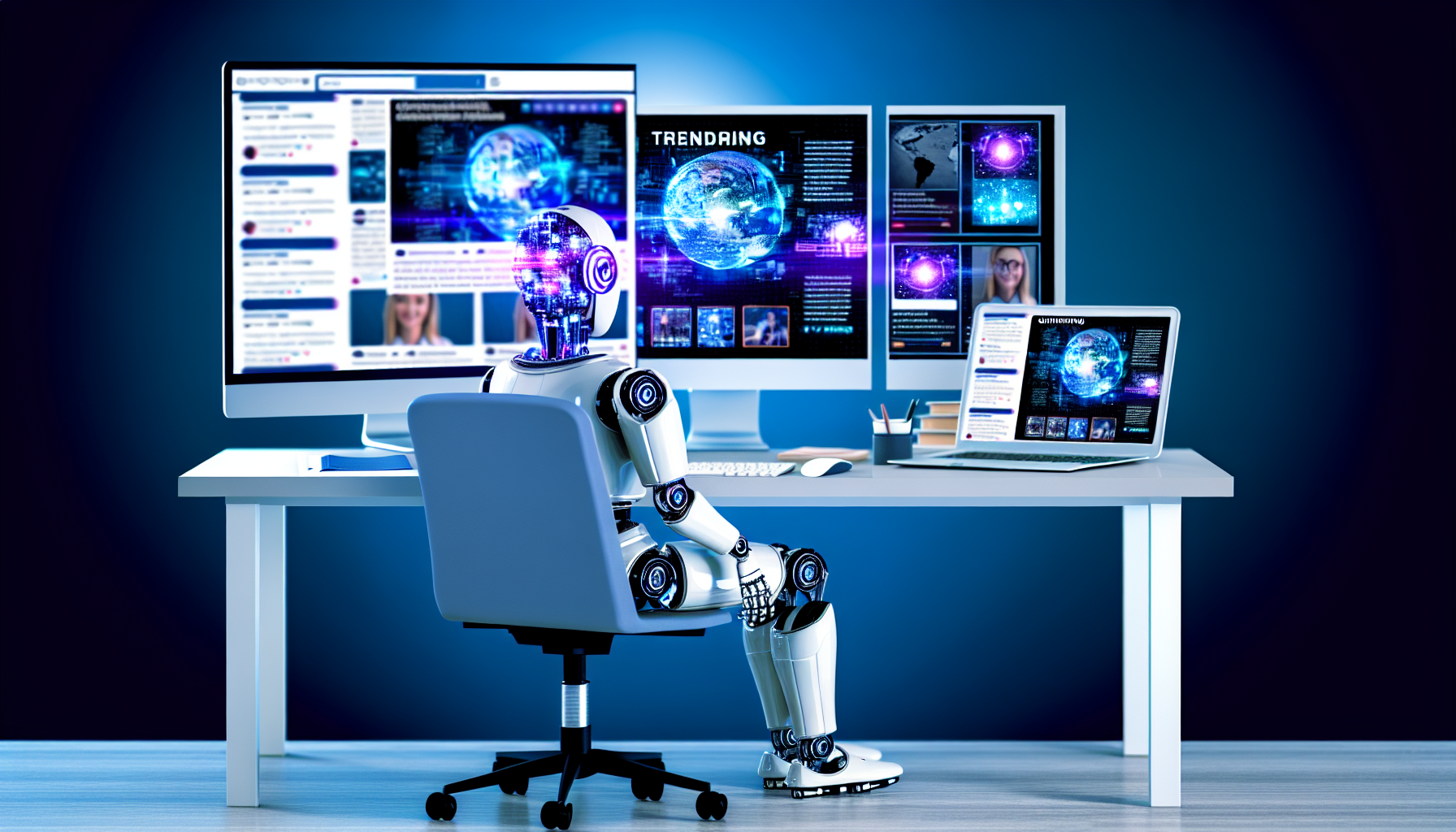 Erstellen Sie ein Bild, das das Konzept einer kÃ¼nstlichen Intelligenz zeigt, die Inhalte fÃ¼r soziale Medien erstellt. Die Szene kÃ¶nnte einen KI-Roboter an einem Schreibtisch zeigen, der mehrere Computerbildschirme mit verschiedenen Trending-Themen und Grafiken anzeigt. Der KI-Roboter sollte gerade dabei sein, Inhalte zu kuratieren, zu bearbeiten und zu posten. Achten Sie darauf, dass der Roboter sich deutlich von einem Menschen unterscheidet und typische Merkmale von Roboterdesigns aufweist, wie kalte FarbtÃ¶ne, metallische OberflÃ¤chen und LED-Augen.
