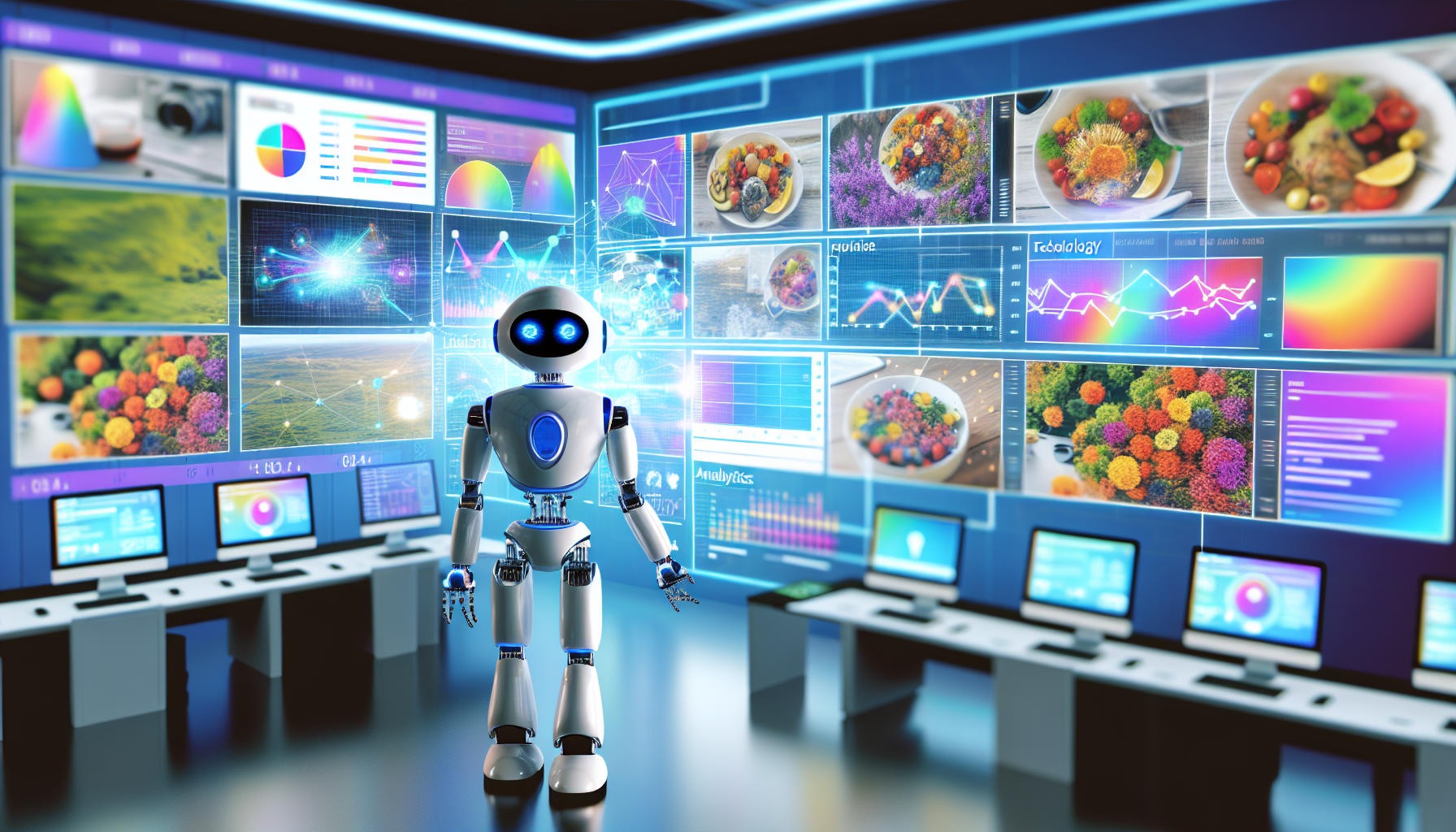 KÃ¼nstliche Intelligenz, die Inhalte fÃ¼r soziale Medien erstellt: Stellen Sie sich ein Bild eines futuristischen KI-Bots vor, der visuell ansprechende und fesselnde BeitrÃ¤ge fÃ¼r soziale Medien generiert. Der Bot ist von mehreren Bildschirmen umgeben, die farbenfrohe und vielfÃ¤ltige Inhalte wie Natur-, Kulinarik-, Technologie- und Lifestyle-Bilder anzeigen. Auf einem auffÃ¤lligen Bildschirm sehen Sie eine Infografik, die Analysedaten zeigt, die einen Anstieg der Follower und des Engagements darstellen. All dies geschieht in einem hochmodernen Kontrollraum, der mit holografischen Projektionen und Touchscreen-ArbeitsplÃ¤tzen gefÃ¼llt ist.
