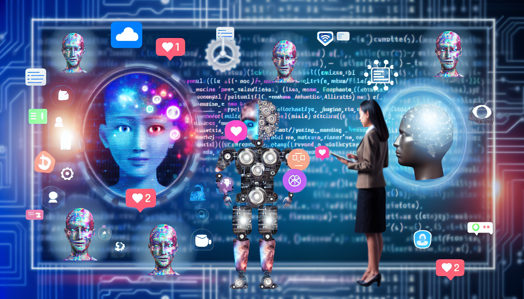 Erstellen Sie eine Illustration, die das Konzept der Generierung von Inhalten fÃ¼r soziale Medien mithilfe von kÃ¼nstlicher Intelligenz darstellt. Stellen Sie sich eine futuristische Umgebung vor, in der Symbole fÃ¼r maschinelles Lernen, Algorithmen und Code-Schnipsel mit visuellen Elementen von sozialen Medien vermischt sind: Likes, Shares, Kommentare, Posts, Hashtags und Emoticons. FÃ¼gen Sie Avatare oder humanoide Figuren hinzu (eine ostasiatische Frau und ein schwarzer Mann), die mit der digitalen Umgebung interagieren und menschliches Engagement sowie die Interaktion mit der KI-gestÃ¼tzten Erstellung von Inhalten fÃ¼r soziale Medien symbolisieren.