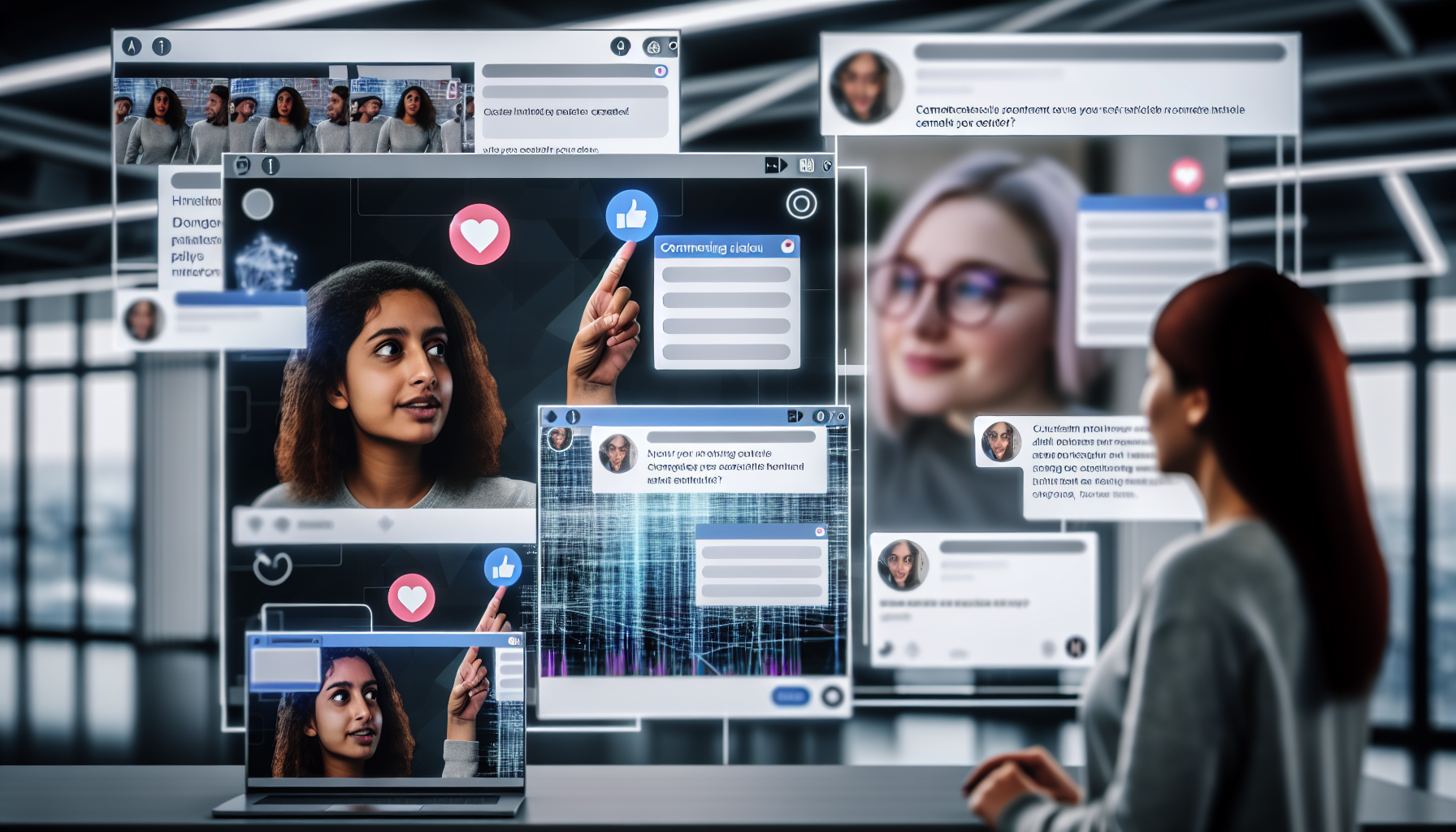Erstellen Sie ein Bild, das eine digitale BenutzeroberflÃ¤che einer von kÃ¼nstlicher Intelligenz entwickelten Social-Media-Plattform zeigt. Der Bildschirm sollte verschiedene Funktionen wie das Erstellen von BeitrÃ¤gen, Kommentieren und Teilen darstellen. Zeigen Sie eine Vielzahl von Nutzern: eine mittelÃ¶stliche Frau, die einen Status postet, einen kaukasischen Mann, der auf einen Kommentar antwortet, und eine sÃ¼dasiatische Frau, die ein Live-Video ansieht. Stellen Sie sicher, dass das Thema der BenutzeroberflÃ¤che moderne DesignÃ¤sthetik widerspiegelt.