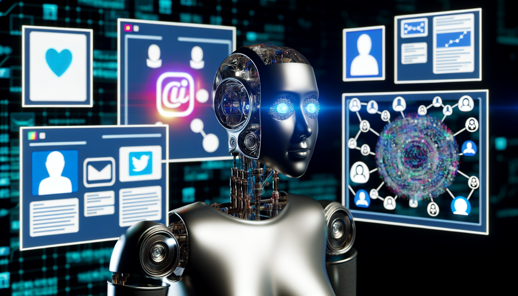 Ein künstliches Intelligenzsystem, das Inhalte für soziale Medien erstellt, mit sichtbaren digitalen Elementen und Symbolen, die verschiedene Archetypen sozialer Medien repräsentieren. Die KI ist als nicht-menschliche Entität mit metallischen Teilen, leuchtenden Lichtern und komplexen Verdrahtungen verkörpert. Neben der KI zeigen Bildschirme von drei sozialen Medien generierte Inhalte wie Blogs, Beiträge und Tweets.