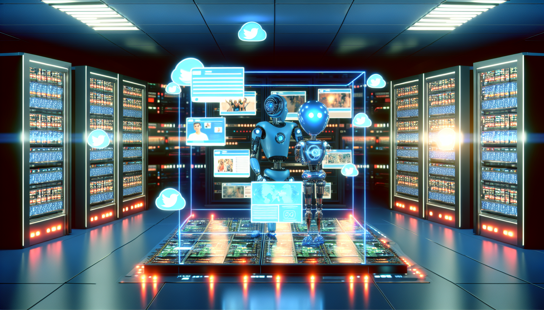 Gestalten Sie eine Illustration von KÃ¼nstlicher Intelligenz, die Inhalte fÃ¼r soziale Medien erstellt. Die KI wird als groÃŸer, moderner Supercomputer dargestellt, der sich in einem futuristischen Raum mit Servern und digitalen Bildschirmen befindet. Neuheiten der Zukunft wie holografische Displays und autonome Roboter sind ebenfalls im Raum prÃ¤sent. Auf den Bildschirmen sind verschiedene Social-Media-BeitrÃ¤ge zu sehen, die automatisch mit Fotos, Texten und Hashtags generiert werden. Die Beleuchtung im Raum ist eine Mischung aus kÃ¼hlen und warmen TÃ¶nen: Blau von den digitalen Bildschirmen und strahlend warmen orangefarbenen Nuancen von den internen Komponenten der Hardware. Die Szene vermittelt die Harmonie von Technologie und menschlicher KreativitÃ¤t.
