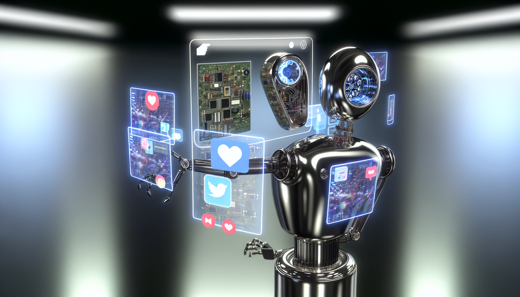 Visuelle Darstellung von künstlicher Intelligenz, die Inhalte für soziale Medien erstellt. Auf dem Bild ist ein polierter Titanroboter zu sehen, mit einer transparenten, glasähnlichen Oberfläche, die komplexe Schaltkreise im Inneren zeigt. Der Roboter hat mehrere Arme, von denen jeder mit verschiedenen holografischen Bildschirmen interagiert, die in der Luft schweben. Jeder holografische Bildschirm zeigt unterschiedliche Aspekte sozialer Medien, wie das Erstellen eines Beitrags, das Bearbeiten eines Bildes oder das Generieren von trendigen Hashtags. Der Hintergrund ist ein elegantes, futuristisches Büroumfeld, das mit einem stilvollen und minimalistischen Design ausgestattet ist.