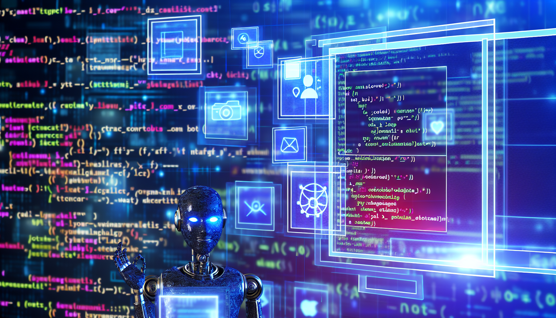 Erstellen Sie ein Bild, das den Prozess der Erstellung von Inhalten fÃ¼r soziale Medien mit kÃ¼nstlicher Intelligenz darstellt. Zeigen Sie eine futuristische, technologieorientierte Umgebung, in der Bildschirme Codierungsskripte anzeigen und autonome Bots BeitrÃ¤ge und Inhalte versenden. Visualisieren Sie eine Mischung aus Technologie und KreativitÃ¤t, in der Algorithmen und Codierung auf Ã¤sthetisches Design und ansprechende BeitrÃ¤ge treffen.