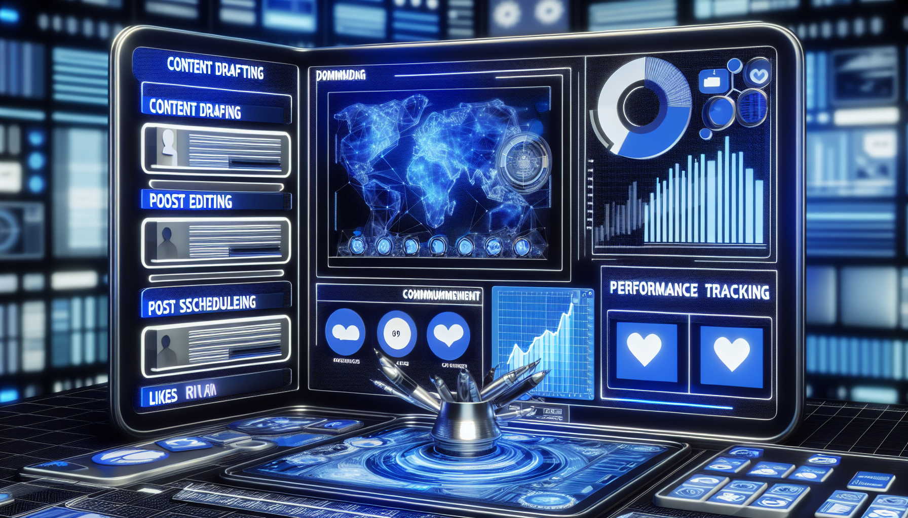 Stellen Sie eine Szene dar, in der kÃ¼nstliche Intelligenz Inhalte fÃ¼r soziale Medien erstellt. Zeigen Sie eine groÃŸe, futuristische ComputeroberflÃ¤che mit verschiedenen Prozessen, die auf dem Bildschirm laufen: Inhaltserstellung, Bildbearbeitung, Planung von BeitrÃ¤gen und LeistungsÃ¼berwachung. FÃ¼gen Sie ein Diagramm hinzu, das Likes und Engagement-Raten anzeigt, sowie einen Kalender, der den VerÃ¶ffentlichungszeitplan zeigt. Die Farbpalette sollte reich an Blau- und SilbertÃ¶nen sein, um ein hochmodernes GefÃ¼hl zu vermitteln. Lassen Sie keine Menschen im Bild erscheinen, der Fokus soll rein auf der Arbeit der KI liegen.
