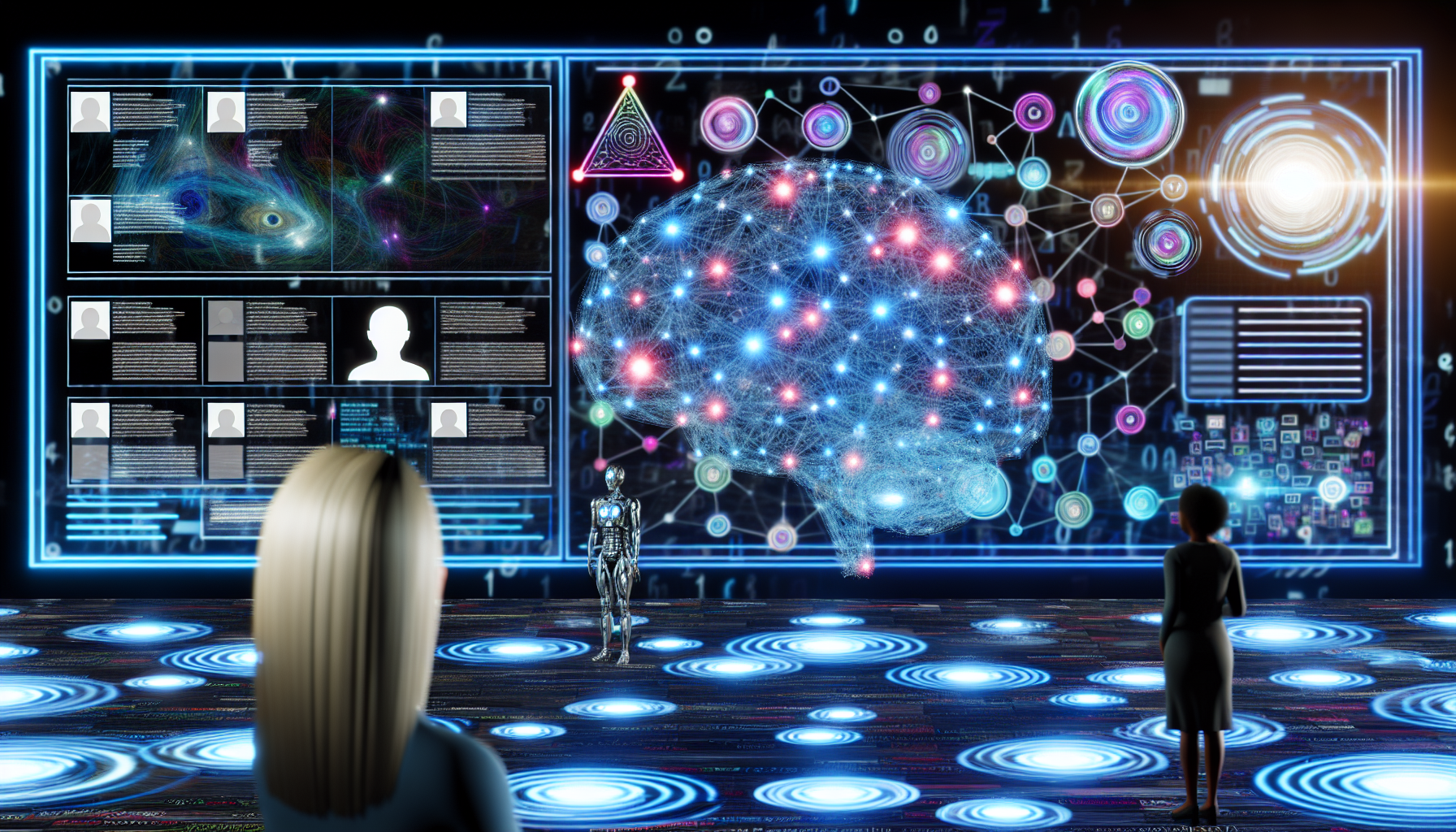 Erstellen Sie eine visuelle Darstellung von kÃ¼nstlicher Intelligenz, die Inhalte fÃ¼r soziale Medien erstellt. Die KI erscheint als komplexes Netzwerk aus leuchtenden Knoten und Verbindungen, das eine gehirnÃ¤hnliche Struktur bildet. Um sie herum zeigen holographische Bildschirme eine Vielzahl von sozialen MedienbeitrÃ¤gen in Arbeit, mit Texten, Fotos und Infografiken. Der Hintergrund enthÃ¤lt abstrakte Symbole und Codes, die den digitalen Raum andeuten. Vor dieser Szenerie stehen eine kaukasische Frau und ein schwarzer Mann, die beide als Social-Media-Manager auftreten und das System fasziniert Ã¼berwachen und damit interagieren.