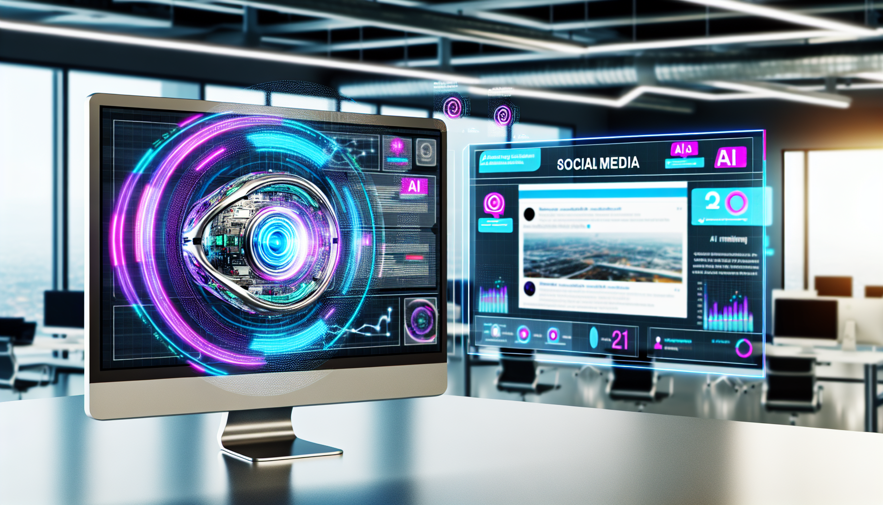 Visualisieren Sie ein Beispiel fÃ¼r kÃ¼nstliche Intelligenz, die Inhalte fÃ¼r soziale Medien erstellt. Die Szene zeigt einen modernen, digital verbesserten BÃ¼robereich mit einem groÃŸen Monitor, der verschiedene soziale Medienplattformen anzeigt. Eine 3D-Hologrammprojektion einer futuristischen KI-OberflÃ¤che ist zu sehen, die intelligent navigiert, Inhalte erstellt und diese auf den Plattformen verÃ¶ffentlicht. Das KI-GerÃ¤t hat ein einzigartiges Design mit eleganten Linien und lebendiger Beleuchtung. Aus der Hologrammprojektion sind Infografiken und DatenstrÃ¶me zu sehen, die Echtzeit-Updates zur Leistung der Inhalte, Engagement-Metriken und Trendanalysen bereitstellen.