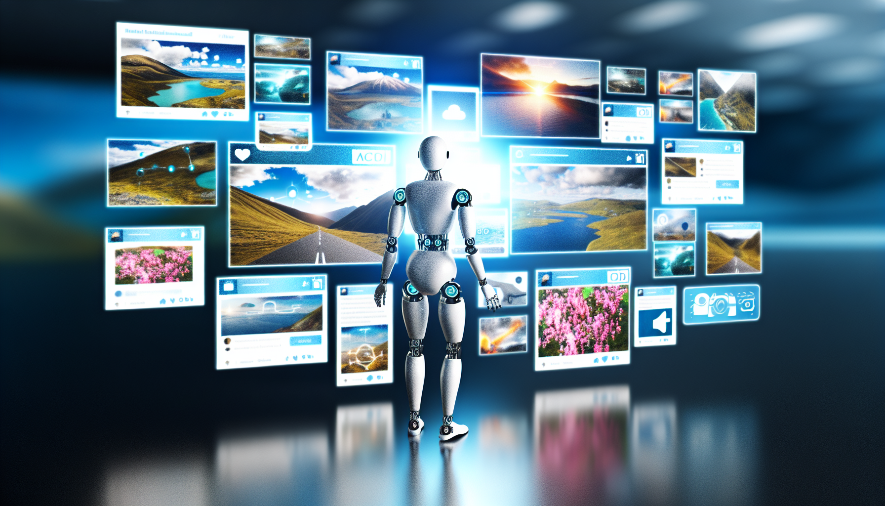 Stellen Sie sich ein kÃ¼nstliches Intelligenzsystem vor, das an der Kuratierung und Erstellung ansprechender Inhalte fÃ¼r soziale Medien arbeitet. Die kÃ¼nstliche Intelligenz wird als symbolisches Wesen dargestellt, nicht als menschenÃ¤hnliche Figur, und arbeitet an mehreren Bildschirmen, von denen jeder verschiedene soziale Medienplattformen zeigt, wie eine Foto-Sharing-App, ein Mikroblogging-Netzwerk und eine Video-Plattform. Die Inhalte umfassen eine Vielzahl von BeitrÃ¤gen, darunter malerische Naturfotografien, kurze informative BlogbeitrÃ¤ge und ansprechende How-to-Videos. Die umgebende AtmosphÃ¤re ist hochmodern und deutet auf die Zukunft der Erstellung von Inhalten fÃ¼r soziale Medien hin.