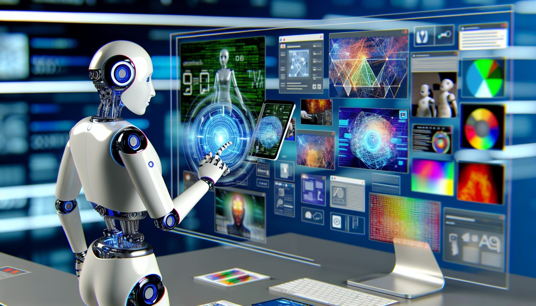 Wie wÃ¼rde die KI-gestÃ¼tzte Erstellung von Inhalten fÃ¼r soziale Medien aussehen? Stellen Sie sich ein futuristisches Szenario vor, in dem KI-Programme, droidenÃ¤hnlich und humanoid, aktiv daran arbeiten, ansprechende Online-Inhalte zu erstellen. Sie arbeiten zusammen an eleganten und fortschrittlichen Maschinen mit Bildschirmen, die die abstrakte Visualisierung der Daten anzeigen, mit denen sie umgehen. Die humanoide KI hÃ¤lt einen virtuellen Bildschirm in den HÃ¤nden, wÃ¤hrend sie Ã¼ber verschiedene Bilder, Grafiken und Texte wischt, wÃ¤hrend die Droiden holographische Schnittstellen manipulieren.