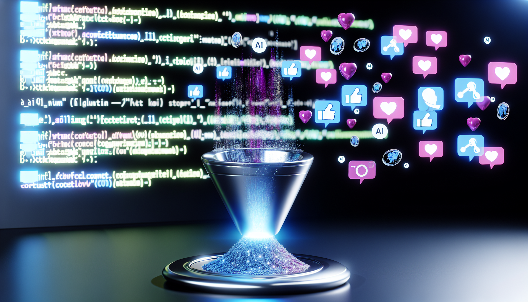 Erstellen Sie ein Bild, das ein futuristisches Konzept darstellt, in dem kÃ¼nstliche Intelligenz Inhalte fÃ¼r soziale Medien erstellt. Die Szene zeigt ein elegantes, modernes GerÃ¤t, in das DatenstrÃ¶me flieÃŸen, die Informationsinputs symbolisieren. Das GerÃ¤t projiziert verschiedene Symbole sozialer Medien wie eine Sprechblase, Herzen und Daumen-hoch-Symbole, die seine Rolle bei der Erstellung von Inhalten fÃ¼r soziale Medien anzeigen. Im Hintergrund ist AI-Code sichtbar, der die Programmierung hinter dieser fortschrittlichen Technologie zeigt.