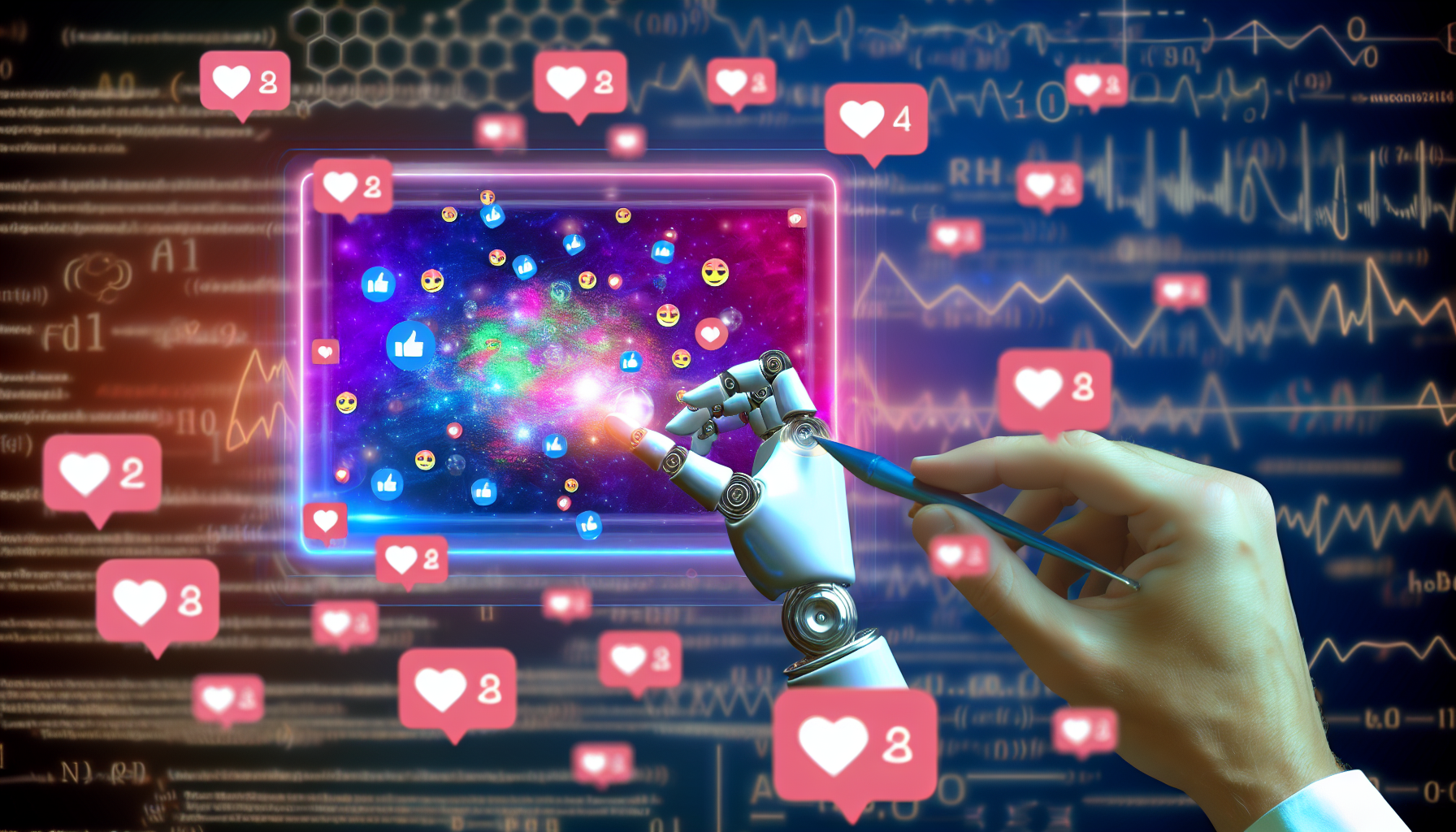Erstellen Sie ein Bild, das die Verwendung von kÃ¼nstlicher Intelligenz zur Erstellung von Inhalten fÃ¼r soziale Medien veranschaulicht. Das Szenario kÃ¶nnte eine futuristische Roboterhand zeigen, die sorgfÃ¤ltig einen bunten, viralen Beitrag auf einem holografischen Bildschirm gestaltet, umgeben von verschiedenen Symbolen fÃ¼r Likes, Shares und Kommentare, die herumschweben und die Beliebtheit signalisieren. Im Hintergrund kÃ¶nnten digitale Formeln, Codes und Datenwellen die inneren AblÃ¤ufe des KI-Systems darstellen. Bitte beachten Sie, dass dies eine Darstellung eines Konzepts ist und nicht mit einer realen Technologie oder Marke verbunden ist.