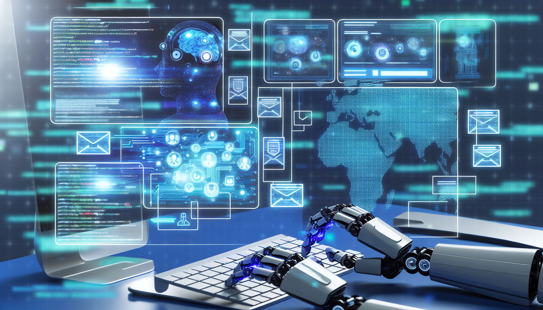 Erstellen Sie ein Bild, das eine futuristische künstliche Intelligenz-Technologie zeigt, die für die Erstellung von Inhalten in sozialen Medien verantwortlich ist. Das Bild sollte ein elegantes Computersystem mit mehreren Bildschirmen zeigen, die verschiedene Arten von Inhalten in sozialen Medien darstellen, wie Beiträge, Tweets und Bilder. Fügen Sie Darstellungen verschiedener KI-Algorithmen hinzu, die als fließende Codezeilen und leuchtende Diagramme dargestellt werden. Ergänzen Sie das Bild mit robotischen Händen, die schnell tippen und den dynamischen Informationsfluss koordinieren. Vermitteln Sie im gesamten Bild eine Erzählung von Automatisierung, Effizienz und hochmoderner Raffinesse.
