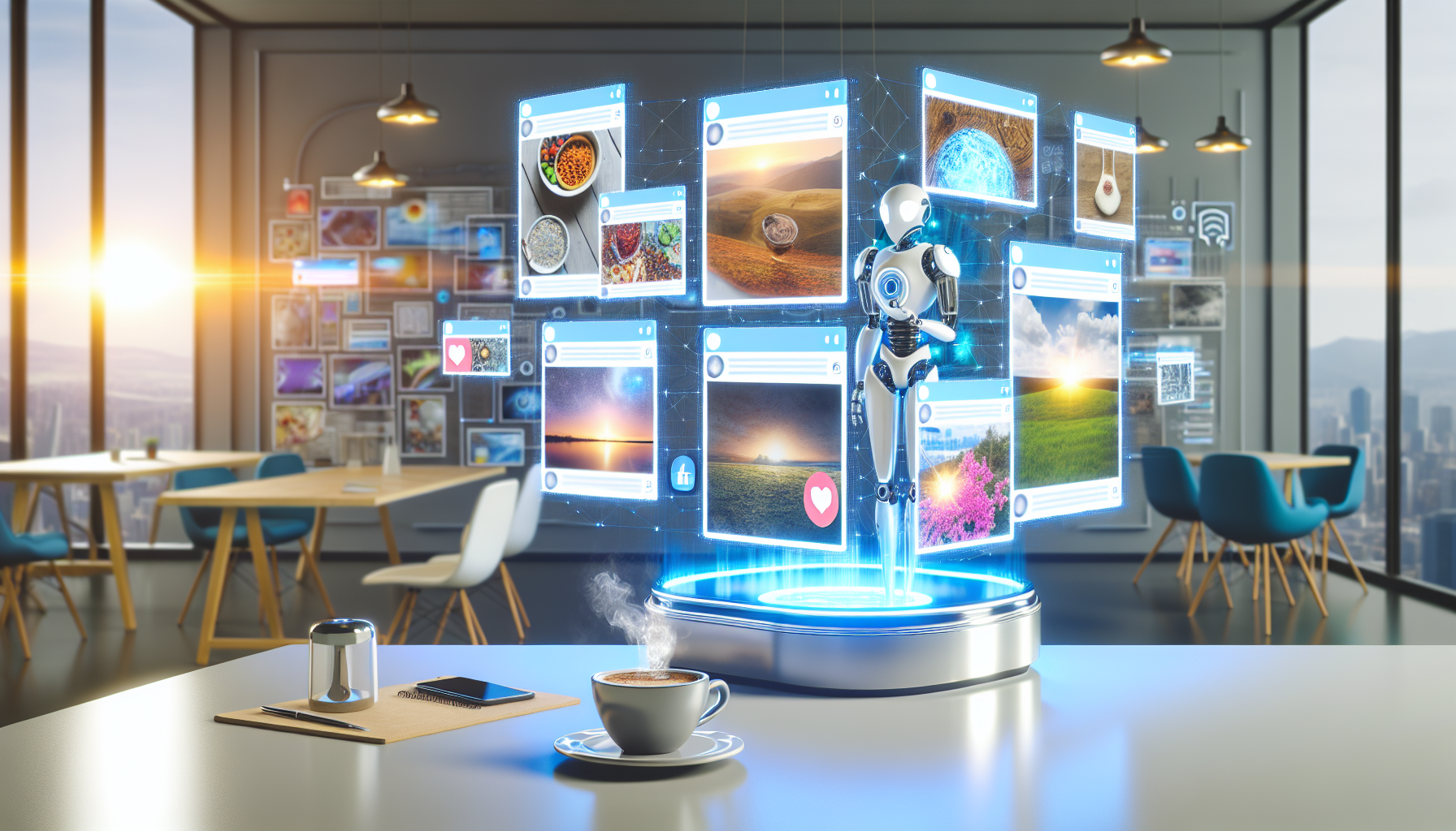 In einem modernen BÃ¼ro, das mit zeitgenÃ¶ssischer MÃ¶beln und fortschrittlicher Technologie ausgestattet ist, steht eine futuristische Maschine, die als kÃ¼nstliche Intelligenz fungiert. Diese beeindruckende Maschine hat mehrere Bildschirme, die verschiedene Arten von Social-Media-BeitrÃ¤gen anzeigen. Auf einem Bildschirm sieht man ein appetitliches Foto eines kunstvoll angerichteten Gerichts, wÃ¤hrend ein anderer Bildschirm eine atemberaubende Landschaft zeigt, die zum TrÃ¤umen einlÃ¤dt. Ein dritter Bildschirm prÃ¤sentiert ein motivierendes Zitat, das inspirierende Worte fÃ¼r die Follower bereithÃ¤lt, und auf einem vierten Bildschirm lÃ¤uft ein kurzes Video eines intensiven Workouts, das die Zuschauer zum Mitmachen anregt.nAuf dem Schreibtisch neben der KI steht eine Tasse heiÃŸer Kaffee, aus der der Dampf sanft in die helle, einladende Umgebung aufsteigt. Die WÃ¤nde des BÃ¼ros sind mit modernen Kunstwerken geschmÃ¼ckt, und das Licht strÃ¶mt durch groÃŸe Fenster, die einen Blick auf die pulsierende Stadtlandschaft bieten. Die Maschine summt leise, wÃ¤hrend sie unermÃ¼dlich Inhalte generiert, die darauf abzielen, die Nutzer zu begeistern und zu inspirieren.