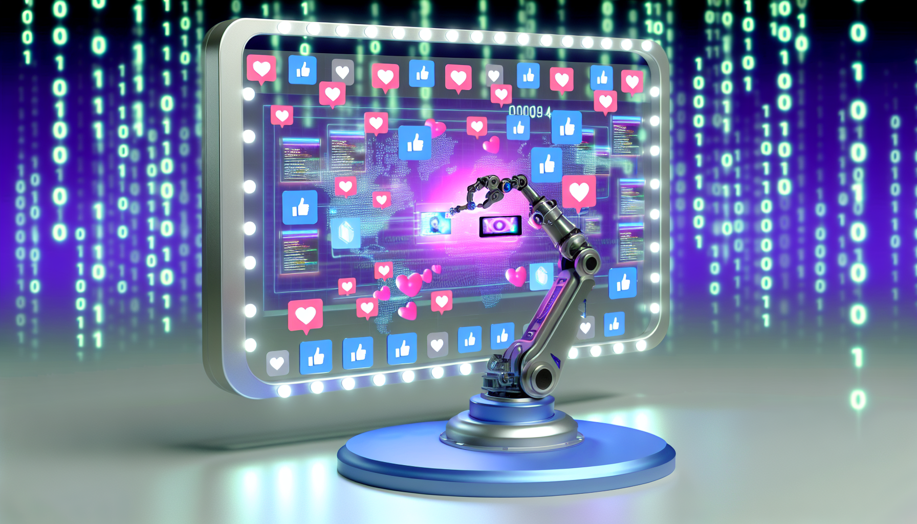 Illustration eines kÃ¼nstlichen Intelligenzsystems, das Inhalte fÃ¼r soziale Medien erstellt. Die Szene zeigt eine elegante, futuristische Maschine mit Lichtern und Bildschirmen, die verschiedene BeitrÃ¤ge aus sozialen Medien anzeigen. Ein Roboterarm bedient den Touchscreen, passt die BeitrÃ¤ge an und arrangiert sie, wÃ¤hrend im Hintergrund binÃ¤rer Code flieÃŸt, der symbolisiert, wie die KI Informationen verarbeitet.