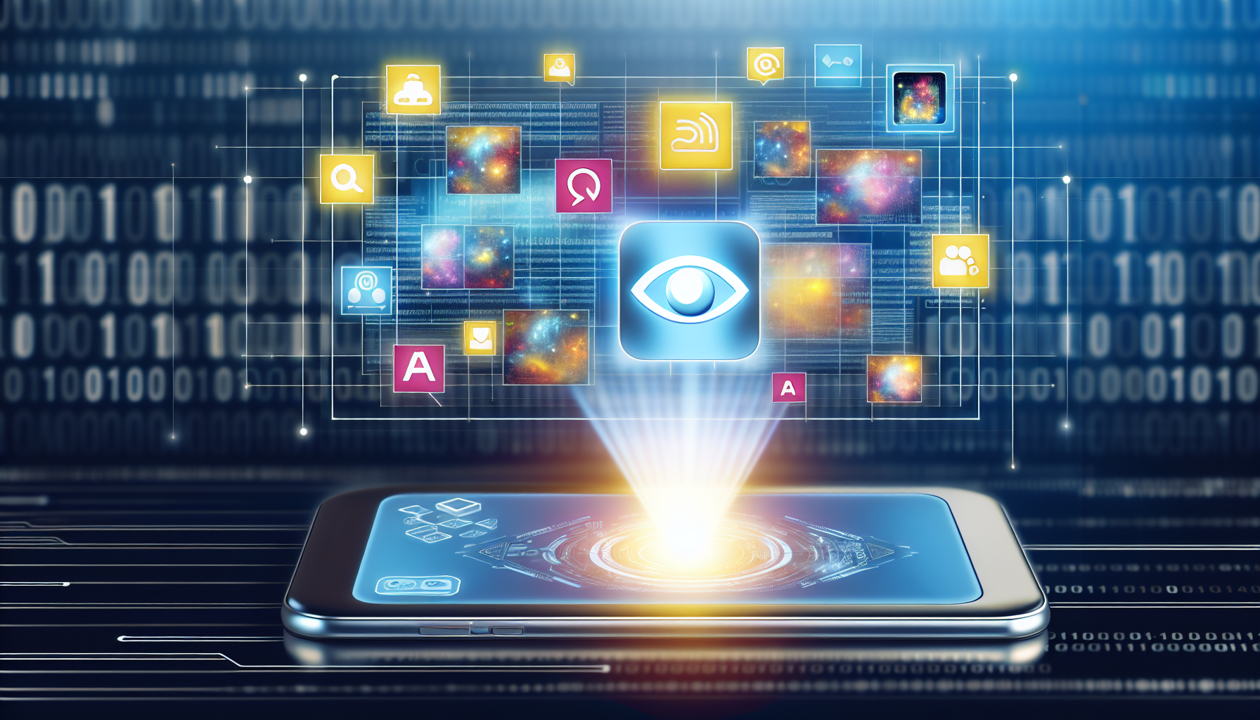Erstellen Sie eine Illustration, die KÃ¼nstliche Intelligenz verkÃ¶rpert, die Inhalte fÃ¼r soziale Medien generiert. Das Bild kann ein futuristisches, KI-unterstÃ¼tztes GerÃ¤t zeigen, auf dem verschiedene App-Icons angezeigt werden, darunter ein Nachrichtenfeed, eine Fotogalerie und Chat-Apps. Das GerÃ¤t kÃ¶nnte holografische Bilder von Inhalten projizieren, die es erstellt, wie ansprechende BeitrÃ¤ge, attraktive Infografiken und lebendige Fotos. Der Hintergrund kann Symbole enthalten, die Daten, Netzwerke, BinÃ¤rcodes oder digitale Matrizen darstellen.