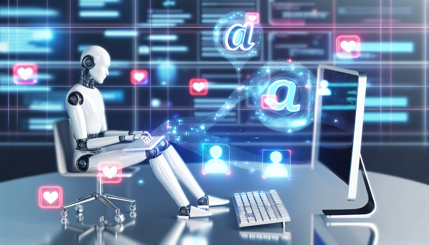 Erstellen Sie ein Bild, das ein KÃ¼nstliche Intelligenz-System zeigt, das Inhalte fÃ¼r soziale Medien generiert. Die KI kÃ¶nnte als stilisierter Roboter dargestellt werden, der an einem Computerterminal sitzt und eifrig tippt, wÃ¤hrend Hologramme von sozialen Medien-Icons um ihn herum schweben. Die Umgebung kÃ¶nnte einem modernen, hochmodernen Arbeitsplatz Ã¤hneln, mit futuristischen Designelementen wie eleganten OberflÃ¤chen, transparenten Bildschirmen und Neonlichtern. FÃ¼gen Sie einen abstrakten Datenstrom hinzu, der vom Roboter in den Computer flieÃŸt, um den Fluss von Informationen zu verdeutlichen.