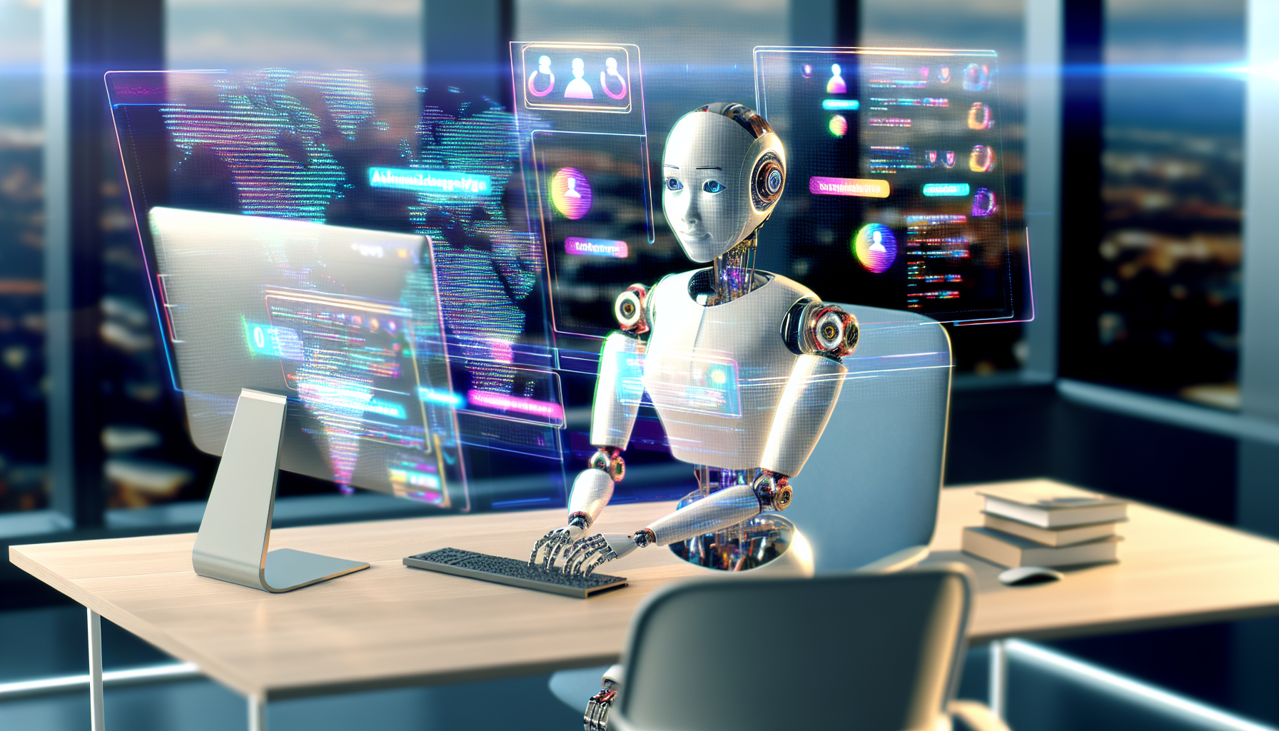 Erstellung von Inhalten fÃ¼r soziale Medien mit kÃ¼nstlicher Intelligenz. Das Bild zeigt eine digitale Darstellung eines KI-Roboters mit humanoider Erscheinung, der an einem modernen Schreibtisch in einer gut beleuchteten Umgebung sitzt. Der Roboter, erkennbar mit sÃ¼dasiatischer Abstammung und weiblichem Geschlecht, arbeitet an einem futuristischen Computer mit holografischen Bildschirmen, die farbenfrohe Grafiken und aktuelle Hashtags anzeigen. Gleichzeitig bedient sie andere hochmoderne Werkzeuge zur Verwaltung sozialer Medien, die sie umgeben.