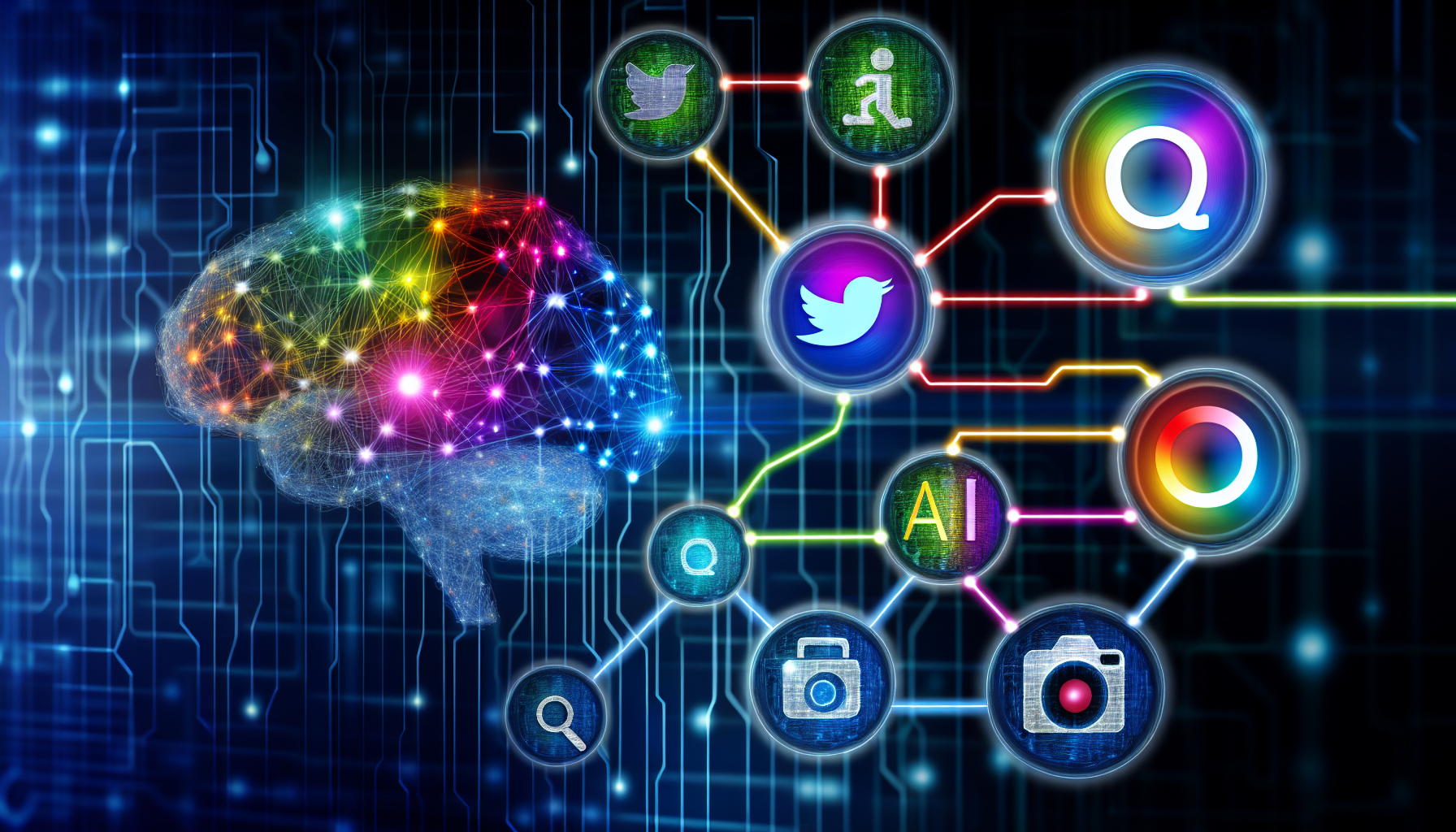 Erstellen Sie ein Bild, das den Prozess der Nutzung von kÃ¼nstlicher Intelligenz zur Generierung von Inhalten fÃ¼r soziale Medien darstellt. Dieses Bild sollte verschiedene Elemente enthalten, wie ein futuristisches KI-Gehirn, das mit sozialen Medienplattformen verbunden ist, sowie mehrfarbige Codezeilen, die vom KI-Gehirn in die jeweiligen Symbole verschiedener sozialer Medien flieÃŸen, wie ein Vogelsymbol fÃ¼r eine Mikroblogging-Seite, ein Kamerasymbol fÃ¼r eine Foto-Sharing-Seite usw. Das KI-Gehirn kÃ¶nnte pulsierend mit Licht sein, um AktivitÃ¤t und den Fluss von Informationen anzuzeigen. Der Hintergrund kÃ¶nnte ein technologieinspiriertes, abstraktes Netzwerkgitter sein.