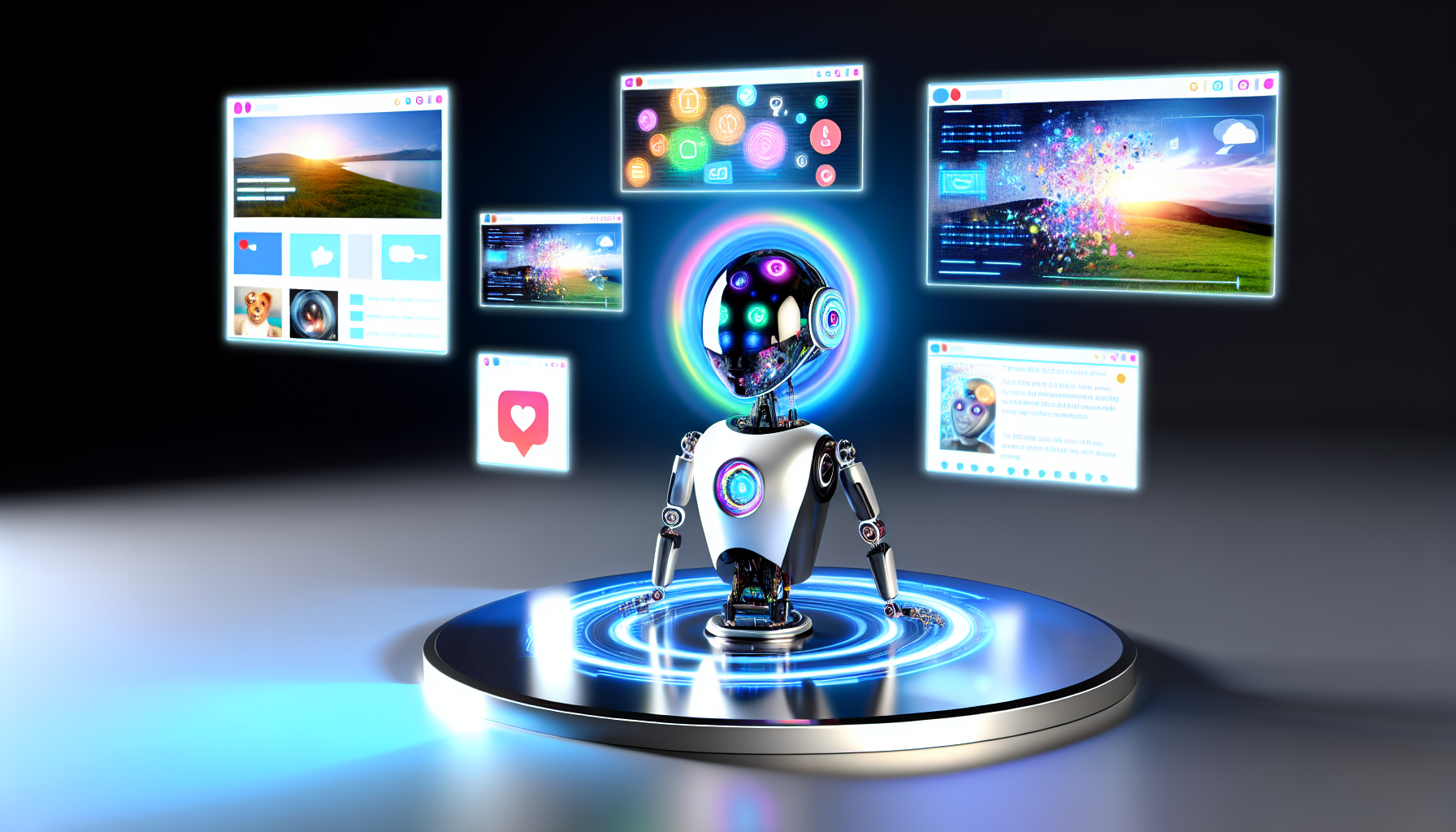 Eine Illustration, die zeigt, wie kÃ¼nstliche Intelligenz Inhalte fÃ¼r soziale Medien erstellt. Stellen Sie eine Szene dar, in der ein moderner, schlanker Roboter mit einem eleganten, durchsichtigen Monitor als Kopf an einem futuristischen Schreibtisch sitzt. Der Bildschirm des Roboters zeigt verschiedene bunte Symbole und Grafiken, die darauf hinweisen, dass er Informationen verarbeitet. Mehrere holografische Bildschirme umgeben den Roboter und prÃ¤sentieren verschiedene Arten von Social-Media-BeitrÃ¤gen: ein humorvolles Meme, ein wunderschÃ¶nes Landschaftsfoto, eine ansprechende Infografik und einen einprÃ¤gsamen Tweet. Achten Sie darauf, die Umgebung stilvoll und futuristisch zu gestalten und den High-Tech-Aspekt zu betonen.