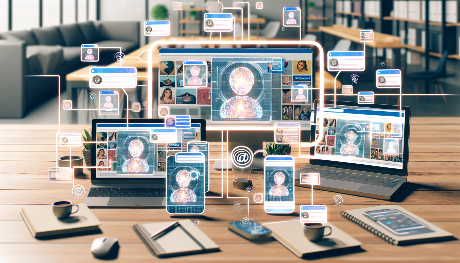 Visualisieren Sie ein Konzept, bei dem KÃ¼nstliche Intelligenz zur Erstellung von Inhalten fÃ¼r soziale Medien verwendet wird. Die Szene zeigt mehrere GerÃ¤te wie Laptops, Smartphones und Tablets, deren Bildschirme mit verschiedenen Arten von Social-Media-BeitrÃ¤gen gefÃ¼llt sind, wie Fotos, Benutzerstatus, Infografiken und kurzen Videos. Ãœber diesen Bildschirmen sind mehrere KI-Symbole eingeblendet, die die Arbeit der KI darstellen. Die GerÃ¤te sind auf einem modernen Holztisch angeordnet, der eine komfortable Arbeitsumgebung bietet.