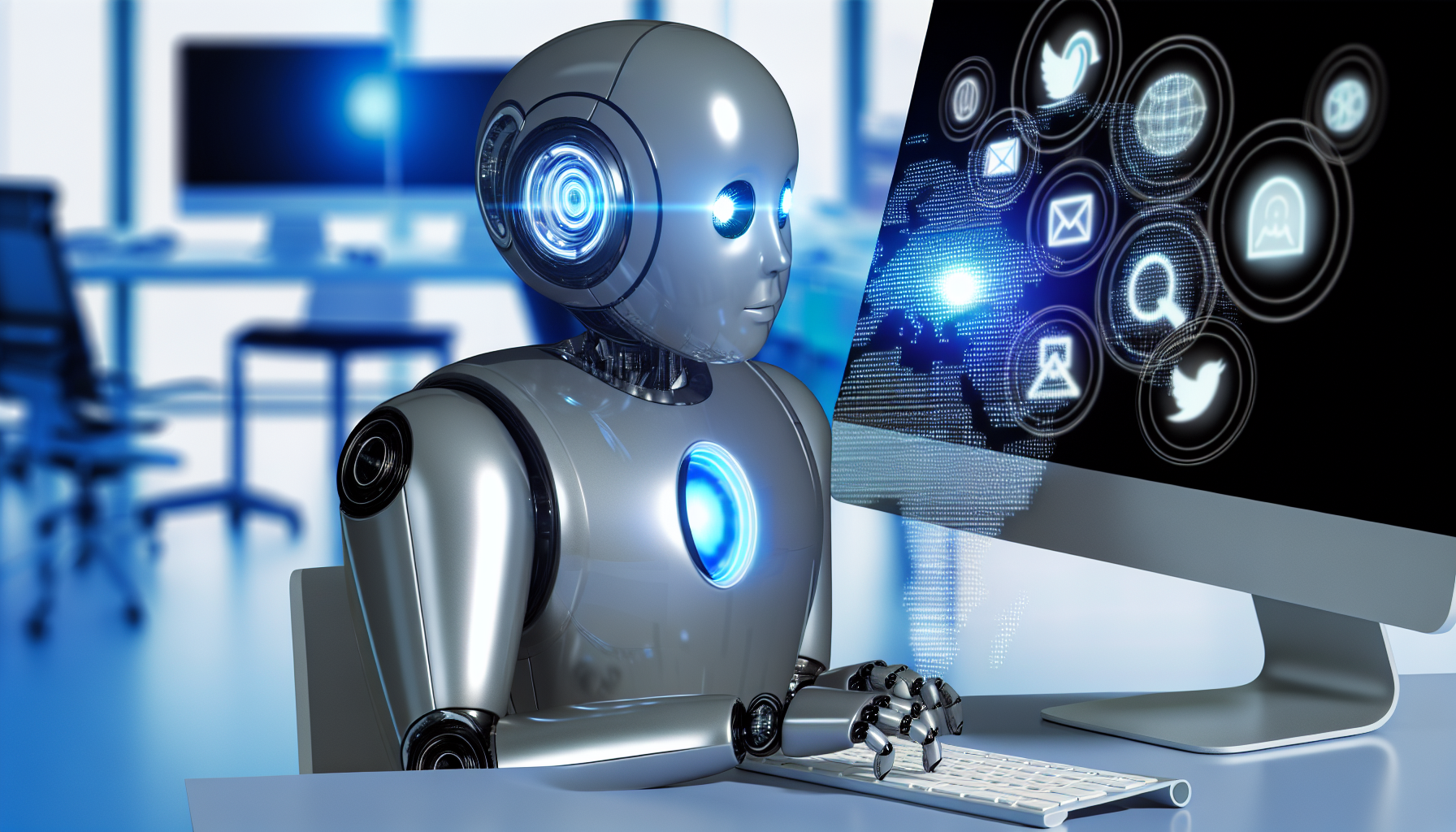 Erstellen Sie ein Bild, das das Konzept der Nutzung von künstlicher Intelligenz zur Generierung von Inhalten für soziale Medien veranschaulicht. Stellen Sie sich einen eleganten, futuristischen KI-Roboter vor, mit einem metallisch grauen Körper und leuchtenden Augen, der an einem Computerarbeitsplatz in einer technologieaffinen Büroumgebung sitzt. Der Bildschirm des Computers zeigt verschiedene Symbole, die unterschiedliche soziale Medienplattformen repräsentieren, wie globale Kommunikation und soziale Interaktion.