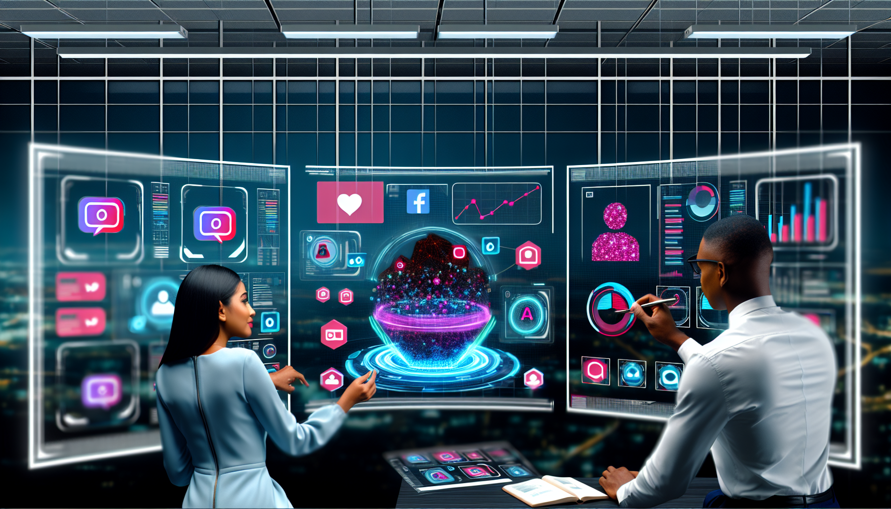 Erstellen Sie ein Bild, das den Prozess der Nutzung von kÃ¼nstlicher Intelligenz zur Erstellung von Inhalten fÃ¼r soziale Medien zeigt. Die Szene sollte ein futuristisches BÃ¼roambiente darstellen, in dem ein groÃŸer Bildschirm verschiedene Phasen des Inhaltsgenerierungsprozesses zeigt, der von KI unterstÃ¼tzt wird. Es sollten zwei Personen zu sehen sein - eine sÃ¼dasiatische Frau und ein schwarzer Mann - die an Touchscreen-OberflÃ¤chen arbeiten und Diagramme sowie Datenvisualisierungen untersuchen. Die Umgebung sollte mit Hologrammen von sozialen Medien-Icons und 3D-Diagrammen gefÃ¼llt sein, die Symbole fÃ¼r Datenanalytik darstellen.