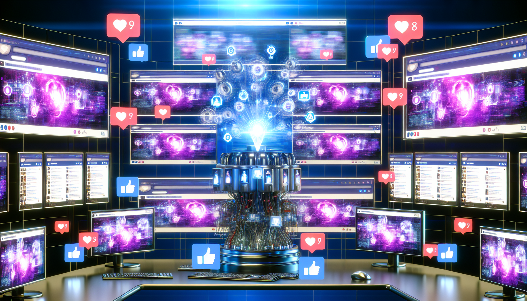 Erstellen Sie ein Bild von kÃ¼nstlicher Intelligenz, die Inhalte fÃ¼r soziale Medien generiert. Das Design sollte eine futuristische, hochmoderne Szene darstellen, mit einem zentralen Computersystem, das groÃŸe Mengen an Informationen verarbeitet und neue Inhalte erstellt. Es sollten mehrere Monitore zu sehen sein, die eine Vielzahl von verschiedenen Social-Media-BeitrÃ¤gen anzeigen, die das System generiert. Grafiken und Symbole, die Likes, Kommentare, Shares und Follower reprÃ¤sentieren, kÃ¶nnten ebenfalls um die Monitore herum schweben. Die gesamte AtmosphÃ¤re sollte lebhaft und pulsierend mit digitaler AktivitÃ¤t sein.