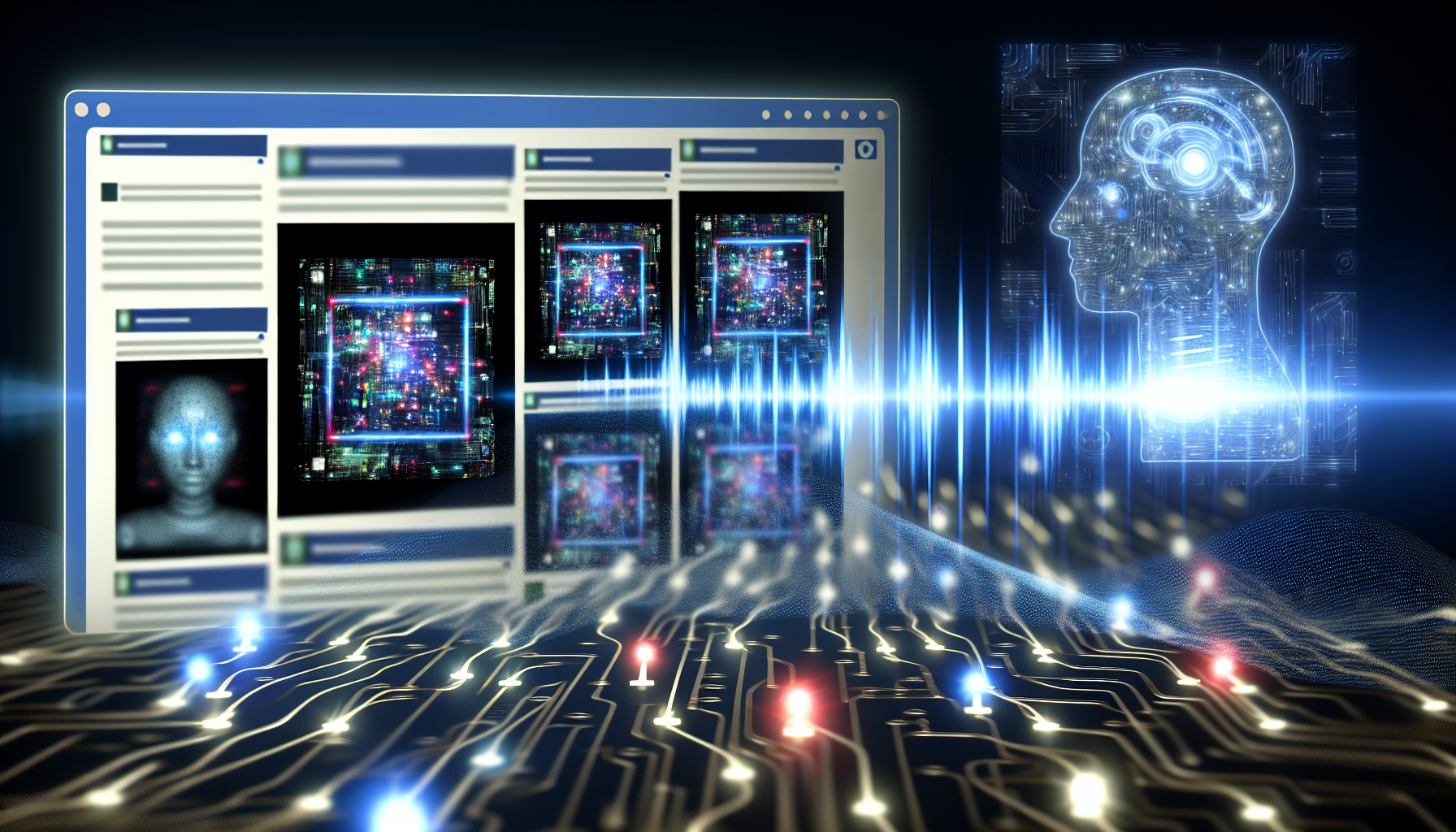Erstellen Sie ein Bild, das ein KI-System darstellt, das dabei ist, Inhalte fÃ¼r soziale Medien zu generieren. Die KI sollte als futuristischer Computer dargestellt werden, der mit LED-Lichtern und komplexen Schaltmustern Ã¼bersÃ¤t ist. Der Bildschirm sollte soziale MedienbeitrÃ¤ge im Entstehungsprozess zeigen, komplett mit auffÃ¤lligen Grafiken und fesselnden Ãœberschriften. Im Hintergrund sollten digitale Wellen, die den Datentransfer symbolisieren, und komplexe Linien, die Algorithmen darstellen, den Raum fÃ¼llen. Der Gesamteindruck des Bildes sollte inspirierend sein und das Potenzial der KI im Bereich des Social Media Marketings hervorheben.