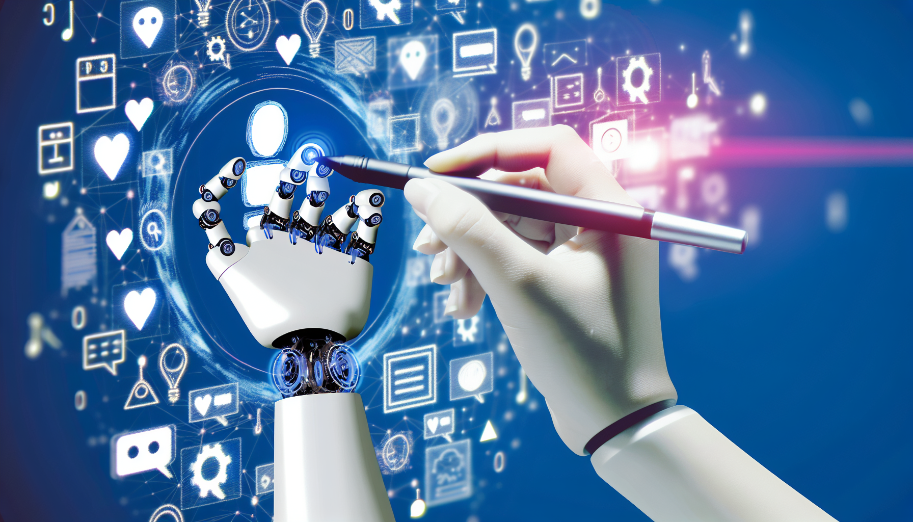 Entwerfen und illustrieren Sie ein Bild, das das Konzept eines kÃ¼nstlichen Intelligenzsystems darstellt, das zur Erstellung von Inhalten fÃ¼r soziale Medien verwendet wird. Dieses Bild kÃ¶nnte eine robotische Hand zeigen, die einen Stylus hÃ¤lt und Bilder oder BeitrÃ¤ge auf einem digitalen Bildschirm erstellt, umgeben von verschiedenen Symbolen und Icons, die gÃ¤ngige soziale Medienplattformen wie Kommentare, Likes und Shares reprÃ¤sentieren. Achten Sie darauf, ein Gleichgewicht zwischen Technologie und KreativitÃ¤t in Ihrer Visualisierung zu schaffen.