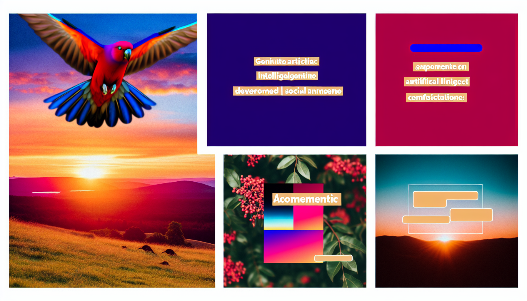 Erstellen Sie von kÃ¼nstlicher Intelligenz entwickelte Inhalte fÃ¼r soziale Medien, wie eine malerische Landschaft mit einem lebhaften Sonnenuntergang, einem exotischen Vogel im Flug und einem trendigen minimalistischen Zitat mit Ã¤sthetischer Typografie. Verwenden Sie komplementÃ¤re Farben fÃ¼r visuelle Anziehungskraft und konzentrieren Sie sich auf Details, um die Inhalte realistisch und ansprechend zu gestalten.