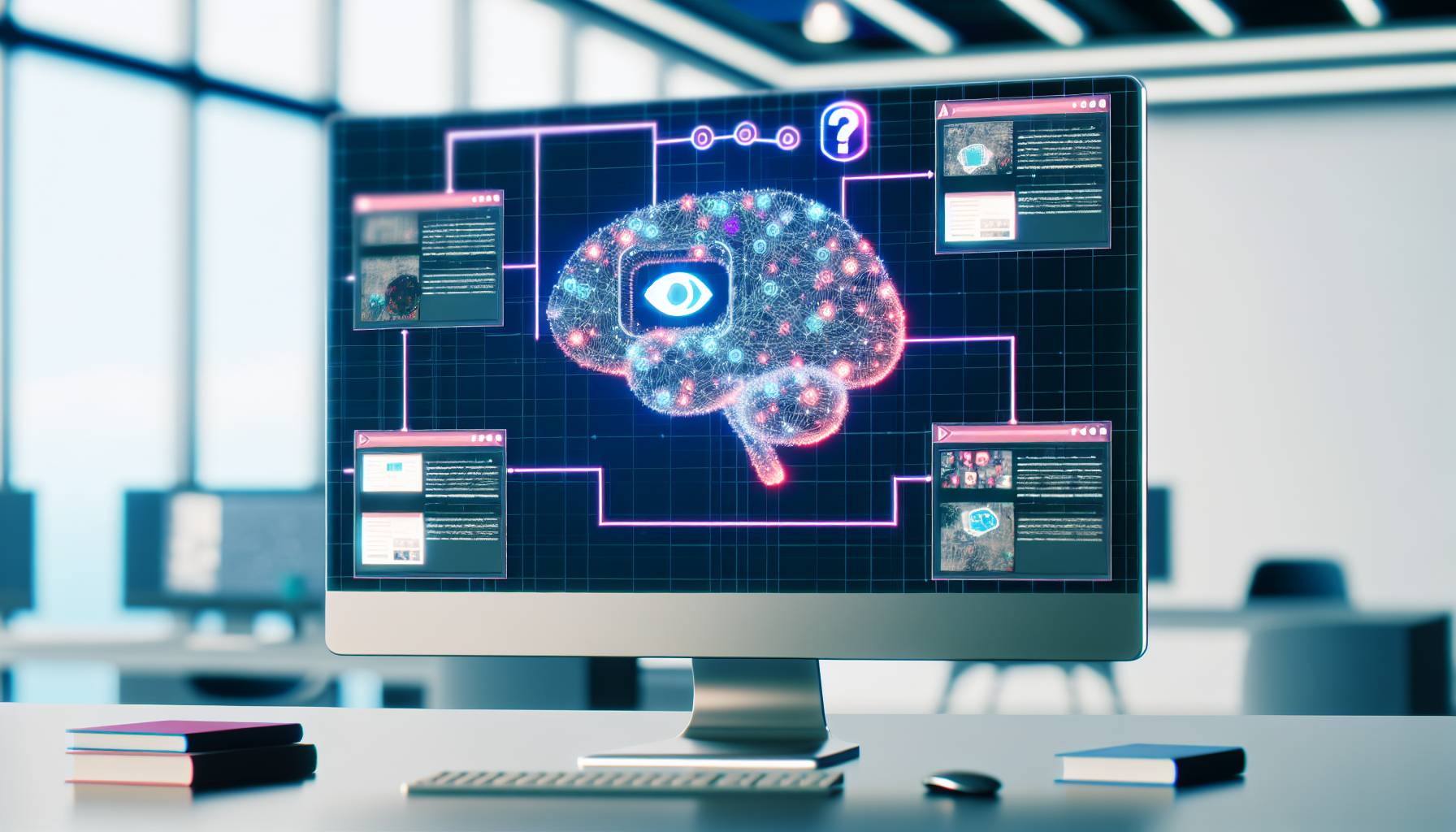 Erstellen Sie ein Bild, das den Prozess der Nutzung von kÃ¼nstlicher Intelligenz zur Erstellung von Inhalten fÃ¼r soziale Medien zeigt. Die Szene zeigt einen futuristischen Computerbildschirm mit komplexen Algorithmen, die darauf laufen. Ein KI-Gehirn-Icon schwebt Ã¼ber dem Bildschirm und symbolisiert die Beteiligung der KI am Prozess der Inhaltserstellung. Auf dem Bildschirm sind mehrere StÃ¼cke von Inhalten fÃ¼r soziale Medien zu sehen - Infografiken, Tweets, Vorschauen auf BlogbeitrÃ¤ge und kurze Videoclips. Der Hintergrund besteht aus einem modernen Arbeitsplatz mit einem minimalistischen Design.