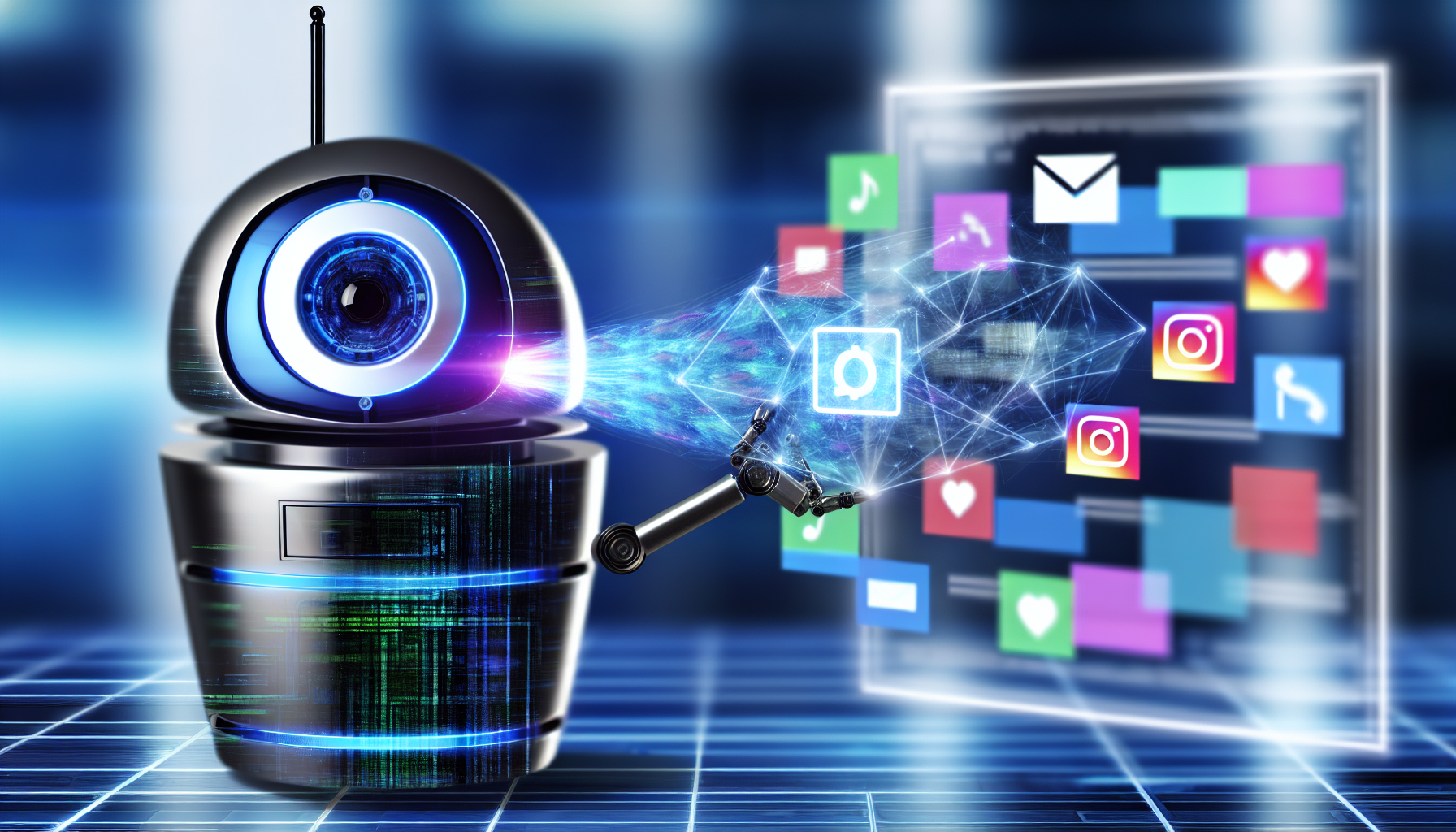 Erstellen Sie ein Bild, das das Konzept der Erstellung von Inhalten fÃ¼r soziale Medien mithilfe von kÃ¼nstlicher Intelligenz darstellt. Zeigen Sie eine futuristische KI-Maschine, die mit einer holografischen BenutzeroberflÃ¤che interagiert und verschiedene Formen von Multimedia-Inhalten wie Bilder, Videos und TextbeitrÃ¤ge abruft. Stellen Sie auch den Datenfluss in Form von leuchtenden Linien dar, die von der Maschine zur BenutzeroberflÃ¤che flieÃŸen. Die KI-Maschine sollte eine Antenne haben, die Kommunikation oder DatenÃ¼bertragung anzeigt. Der Hintergrund sollte einen modernen, sauberen Raum zeigen, der die Innovation und Fortschrittlichkeit des Szenarios widerspiegelt.
