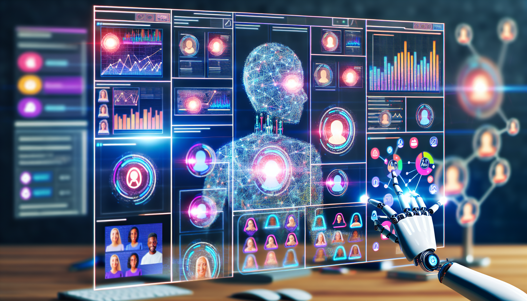 Erstellen Sie ein Bild, das den Prozess der Nutzung von kÃ¼nstlicher Intelligenz zur Generierung von Inhalten fÃ¼r soziale Medien darstellt. Illustrieren Sie eine futuristische, hochmoderne Szene, in der eine KI-Maschine fleiÃŸig arbeitet, wÃ¤hrend sie mehrere Visualisierungen von Daten auf einem holografischen Display anzeigt. FÃ¼gen Sie Darstellungen verschiedener Benutzerprofile, Social-Media-BeitrÃ¤ge, Analyse-Diagramme und aktueller Themen hinzu. Zeigen Sie eine Vielzahl von robotischen HÃ¤nden unterschiedlicher Abstammung, die mit der digitalen Schnittstelle in einer kulturell vielfÃ¤ltigen technologischen Umgebung interagieren.